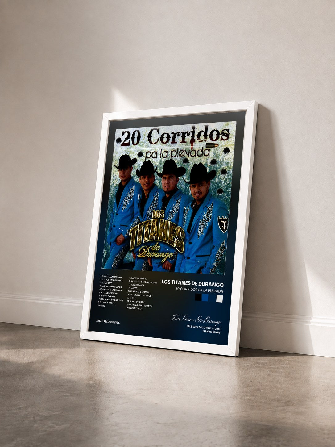 #blanc Tableau de l'album 20 Corridos Pa La Plevada de Los Titanes De Durango vu de trois quarts, cadre blanc
