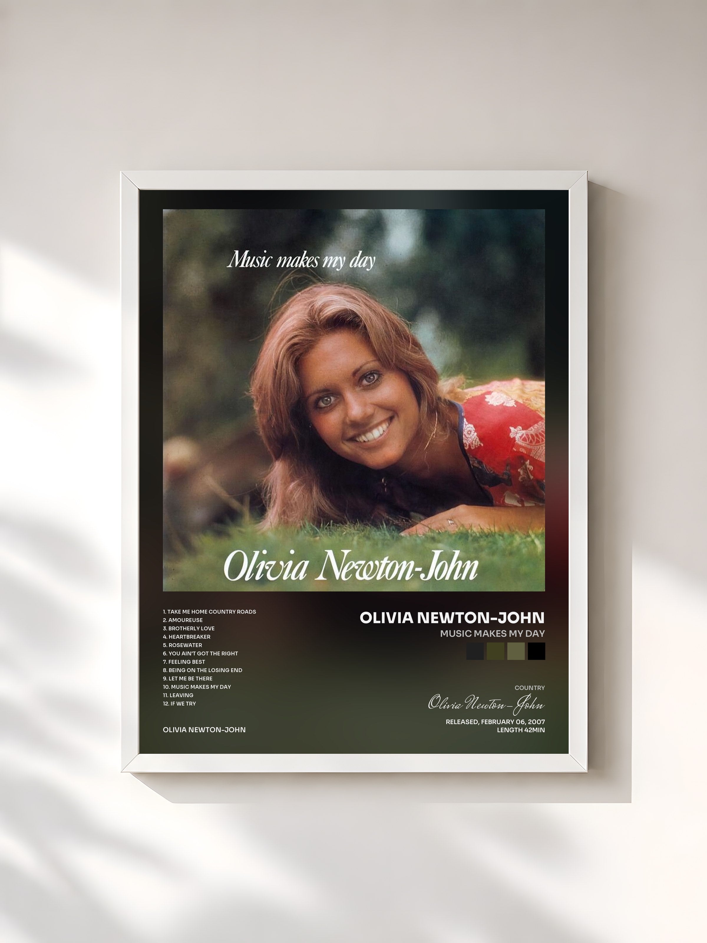 #blanc Tableau de l'album Music Makes My Day de Olivia Newton-John, cadre blanc, imprimé et encadré en France