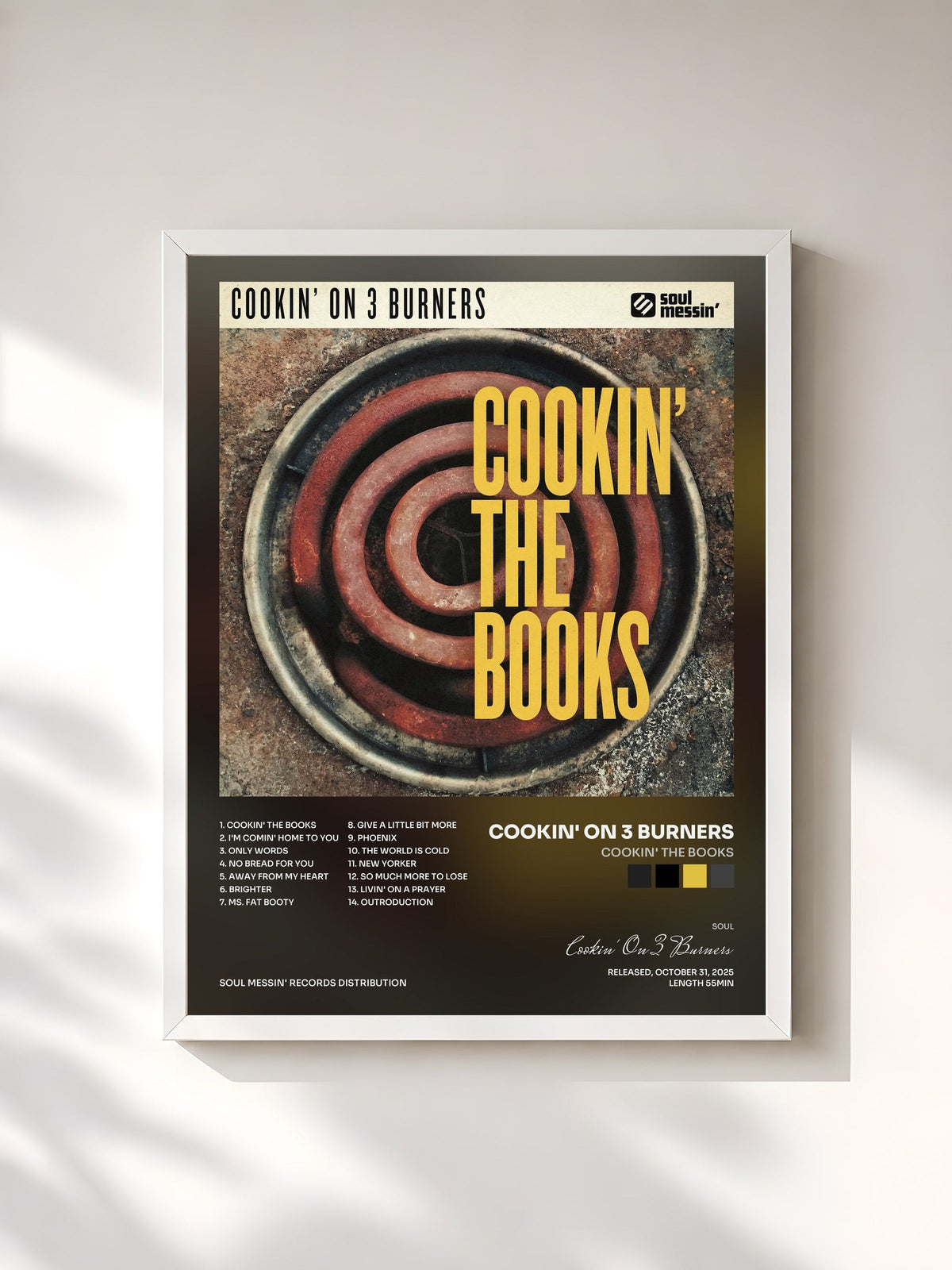 #blanc Tableau de l'album Cookin' The Books de Cookin' On 3 Burners, cadre blanc, imprimé et encadré en France