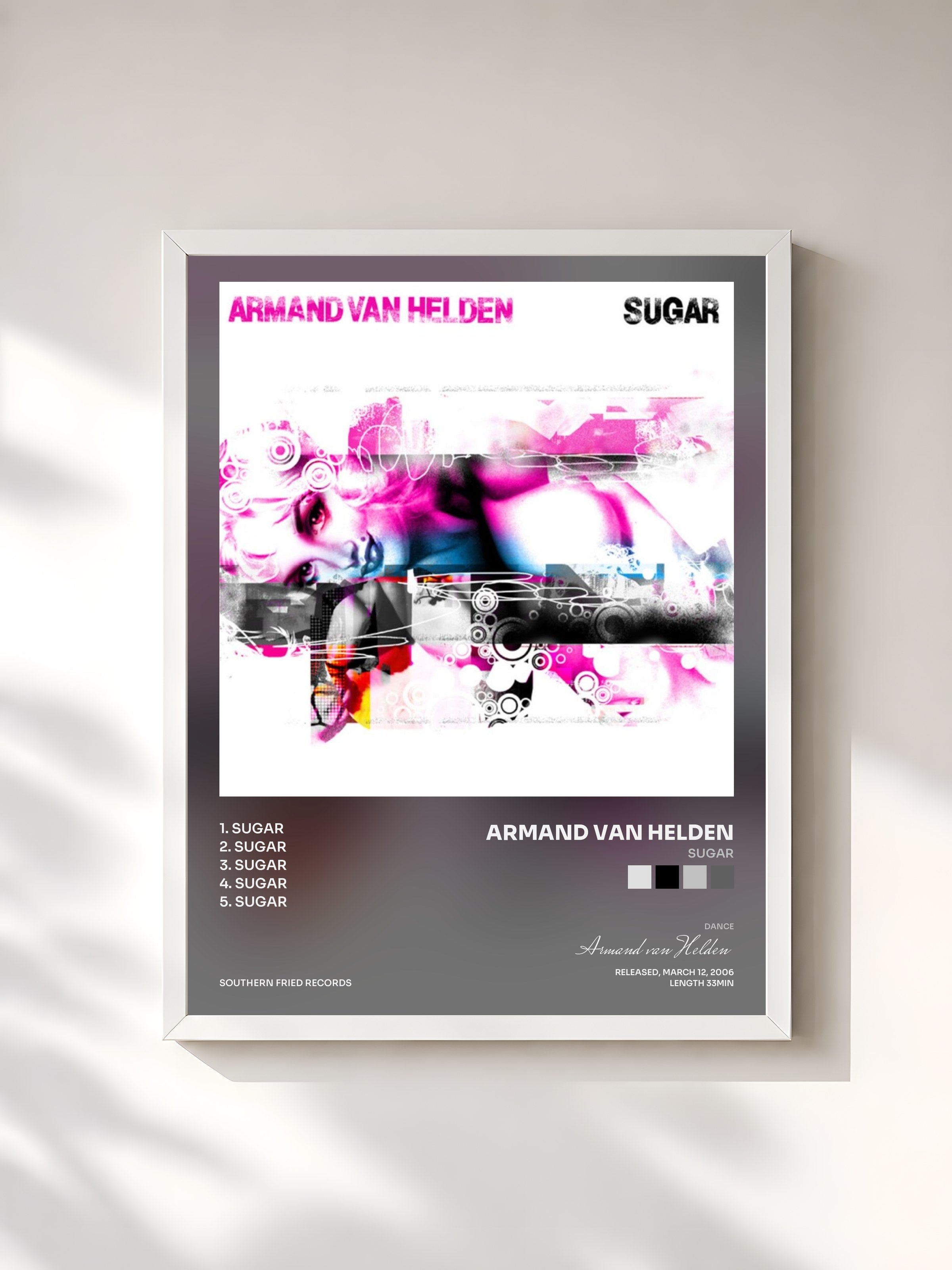 #blanc Tableau de l'album Sugar de Armand van Helden, cadre blanc, imprimé et encadré en France