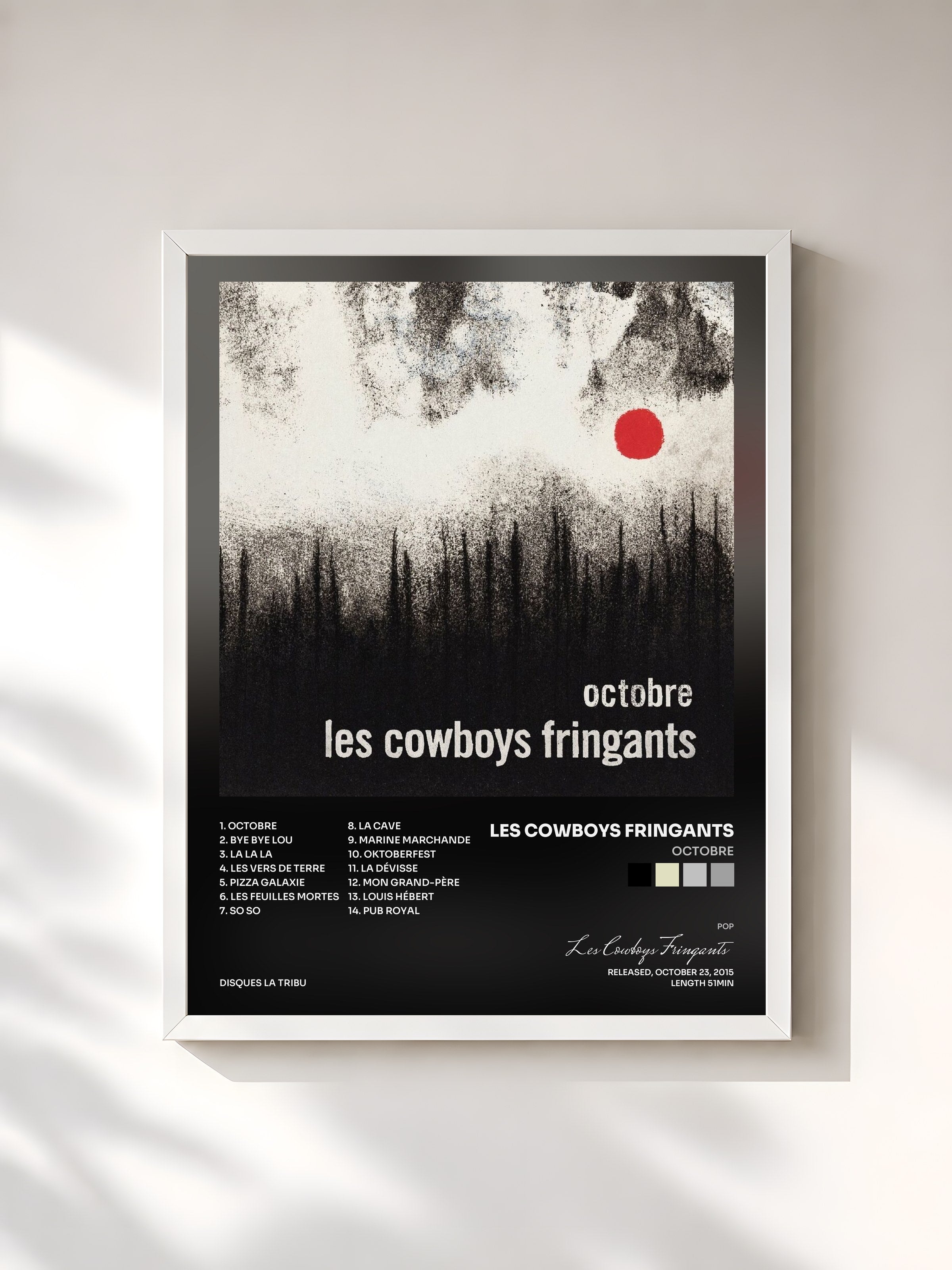 #blanc Tableau de l'album Octobre de Les Cowboys Fringants, cadre blanc, imprimé et encadré en France