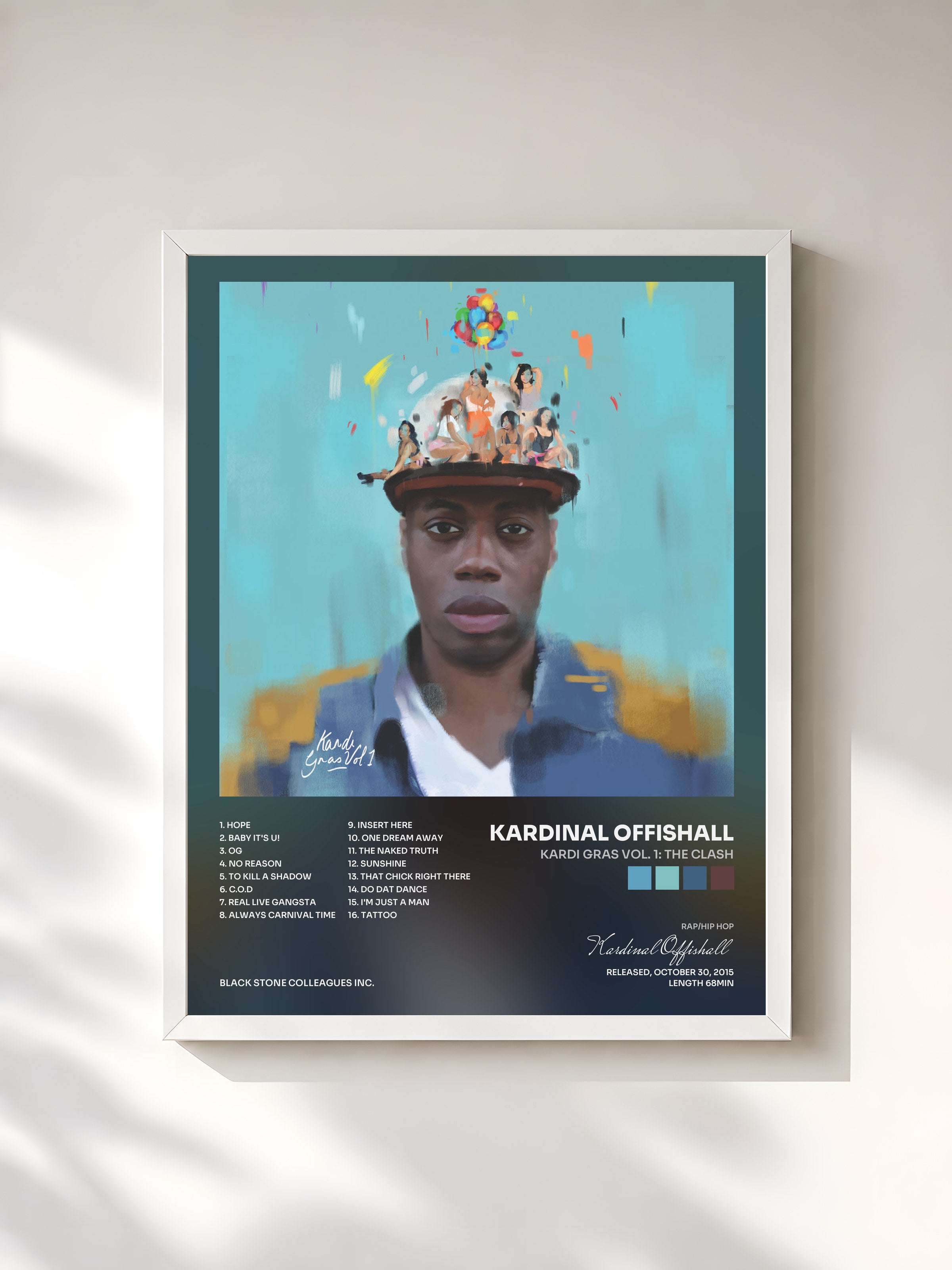 #blanc Tableau de l'album Kardi Gras Vol. 1: The Clash de Kardinal Offishall, cadre blanc, imprimé et encadré en France