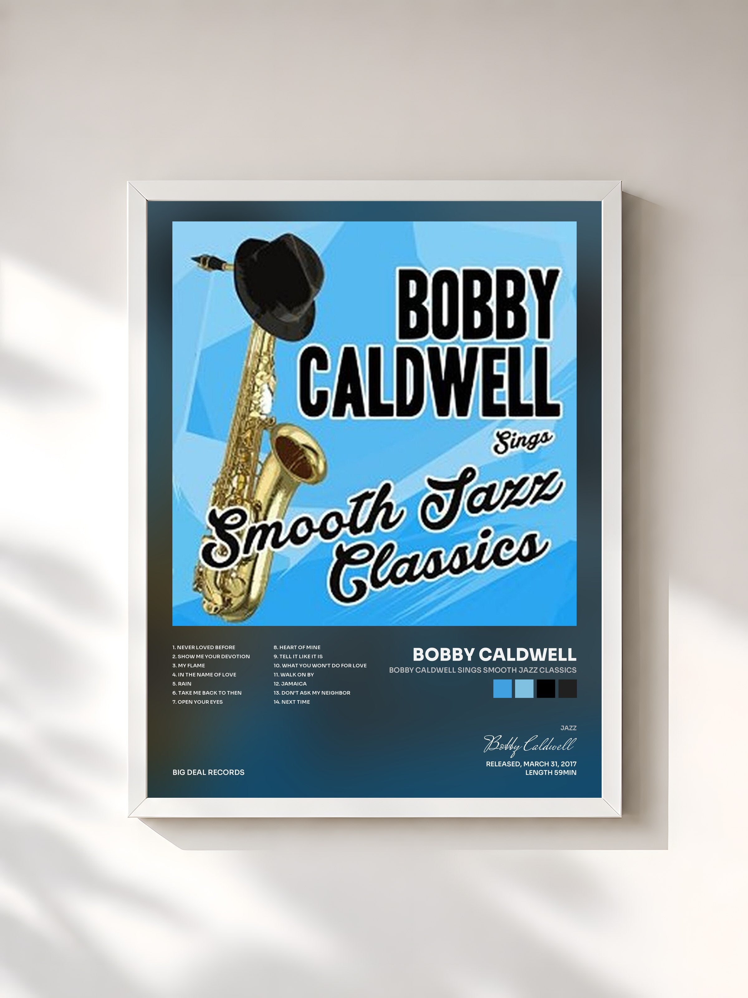 #blanc Tableau de l'album Bobby Caldwell Sings Smooth Jazz Classics de Bobby Caldwell, cadre blanc, imprimé et encadré en France