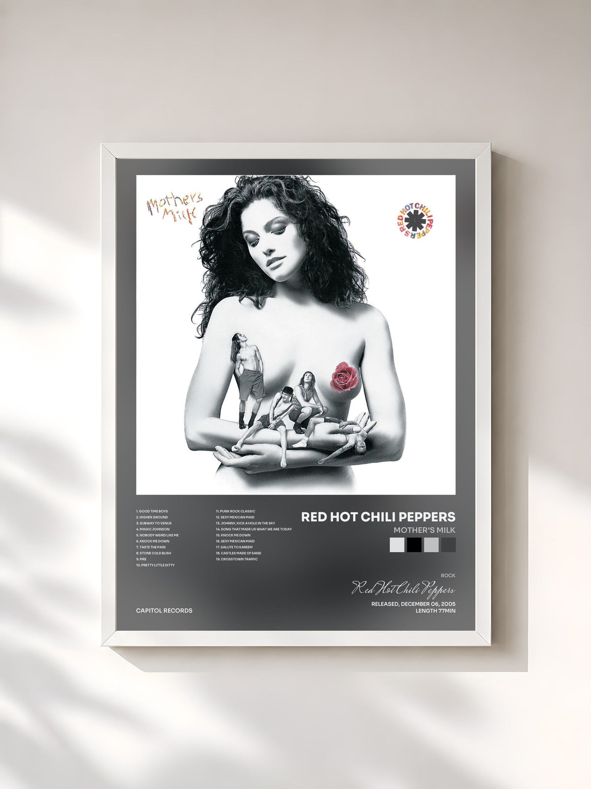 #blanc Tableau de l'album Mother's Milk de Red Hot Chili Peppers, cadre blanc, imprimé et encadré en France
