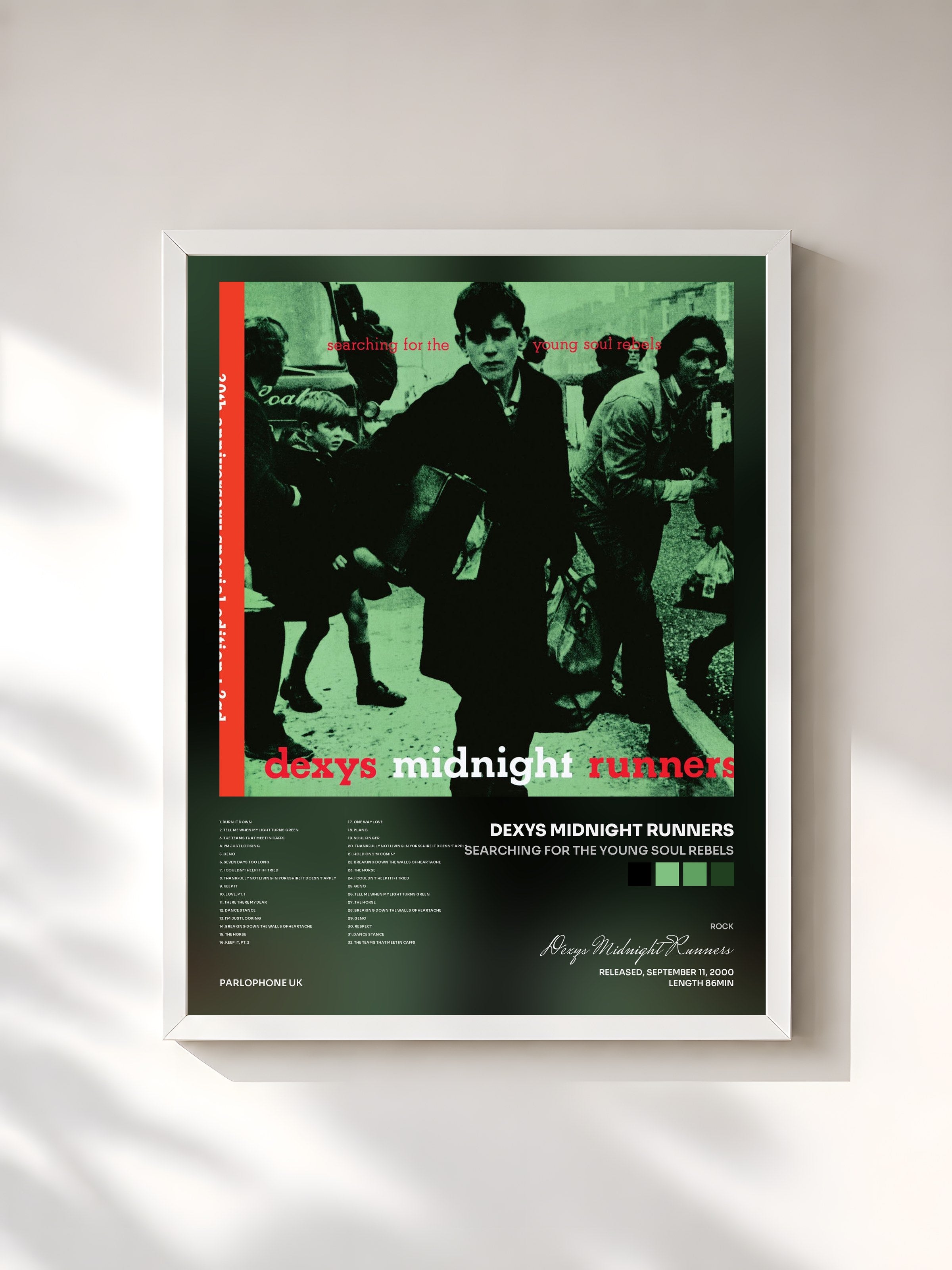 #blanc Tableau de l'album Searching For The Young Soul Rebels de Dexys Midnight Runners, cadre blanc, imprimé et encadré en France