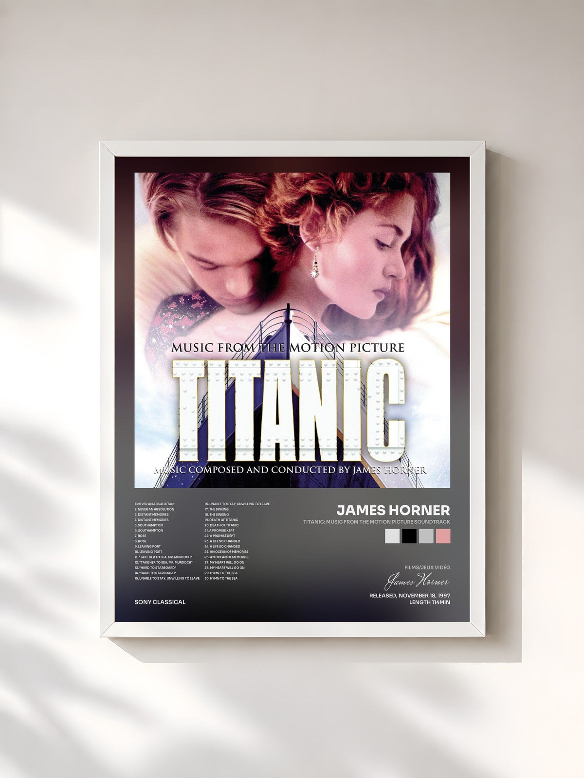 #blanc Tableau de l'album Titanic: Music from the Motion Picture Soundtrack de James Horner, cadre blanc, imprimé et encadré en France