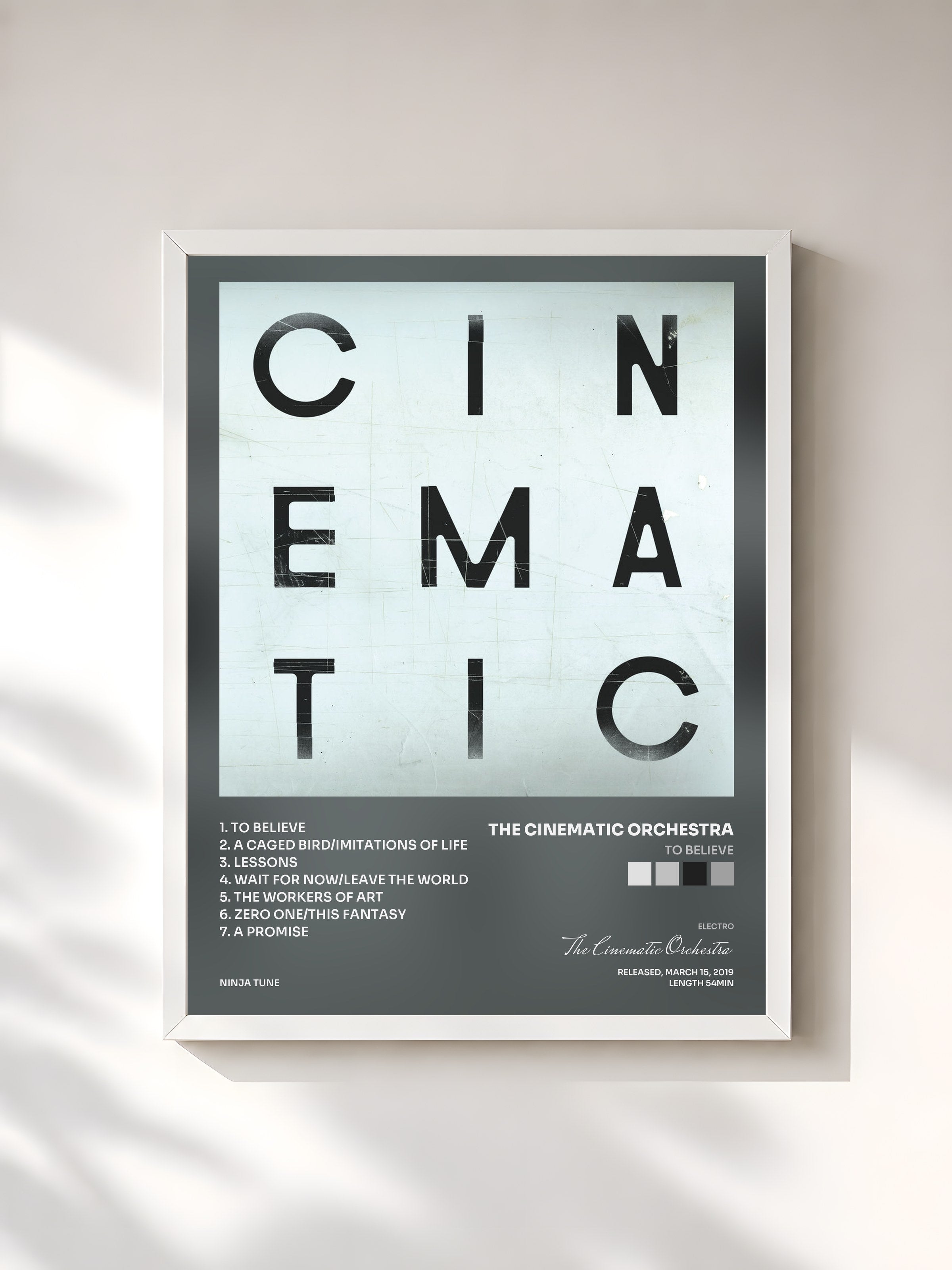#blanc Tableau de l'album To Believe de The Cinematic Orchestra, cadre blanc, imprimé et encadré en France