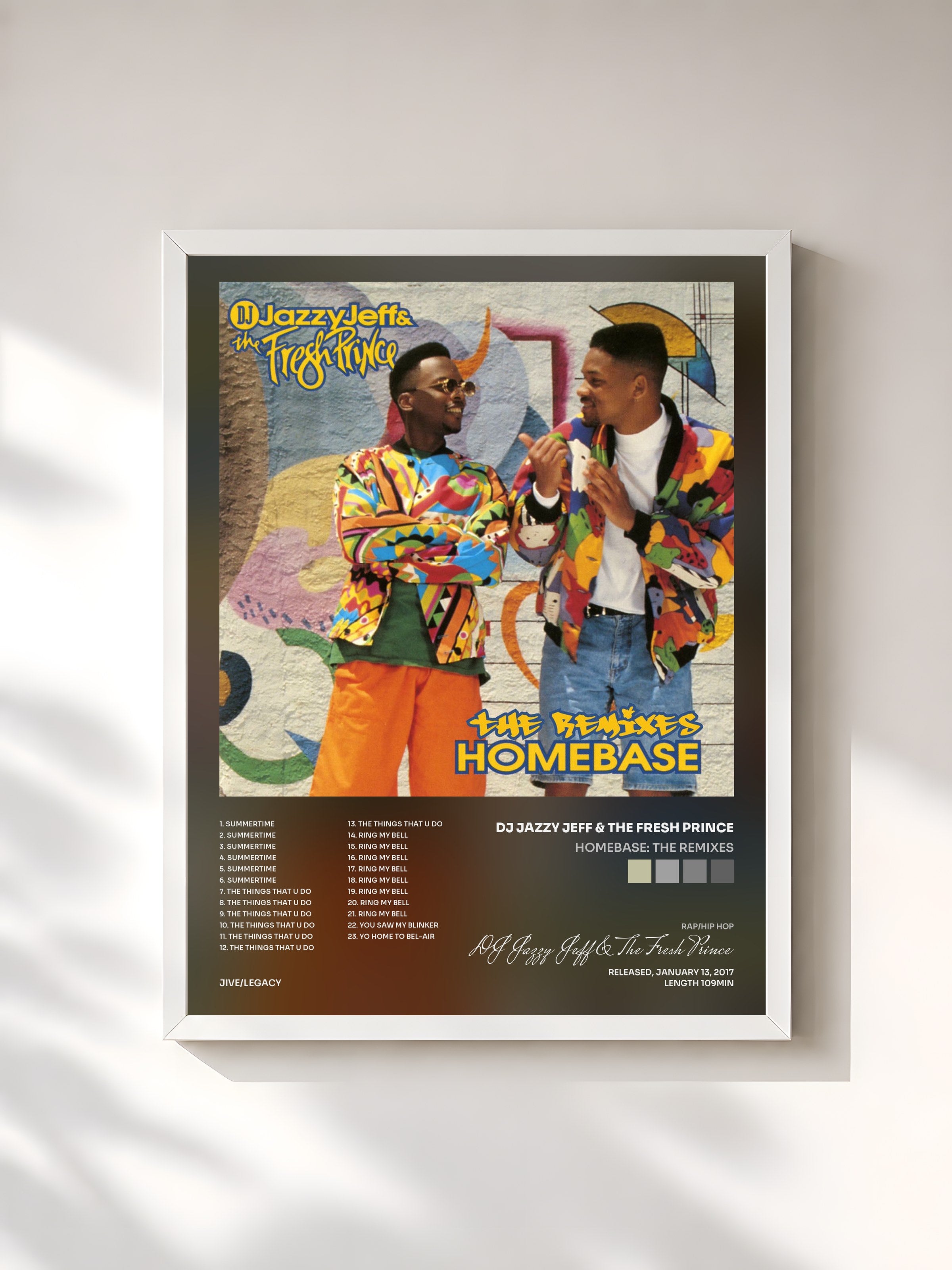 #blanc Tableau de l'album Homebase: The Remixes de DJ Jazzy Jeff & The Fresh Prince, cadre blanc, imprimé et encadré en France
