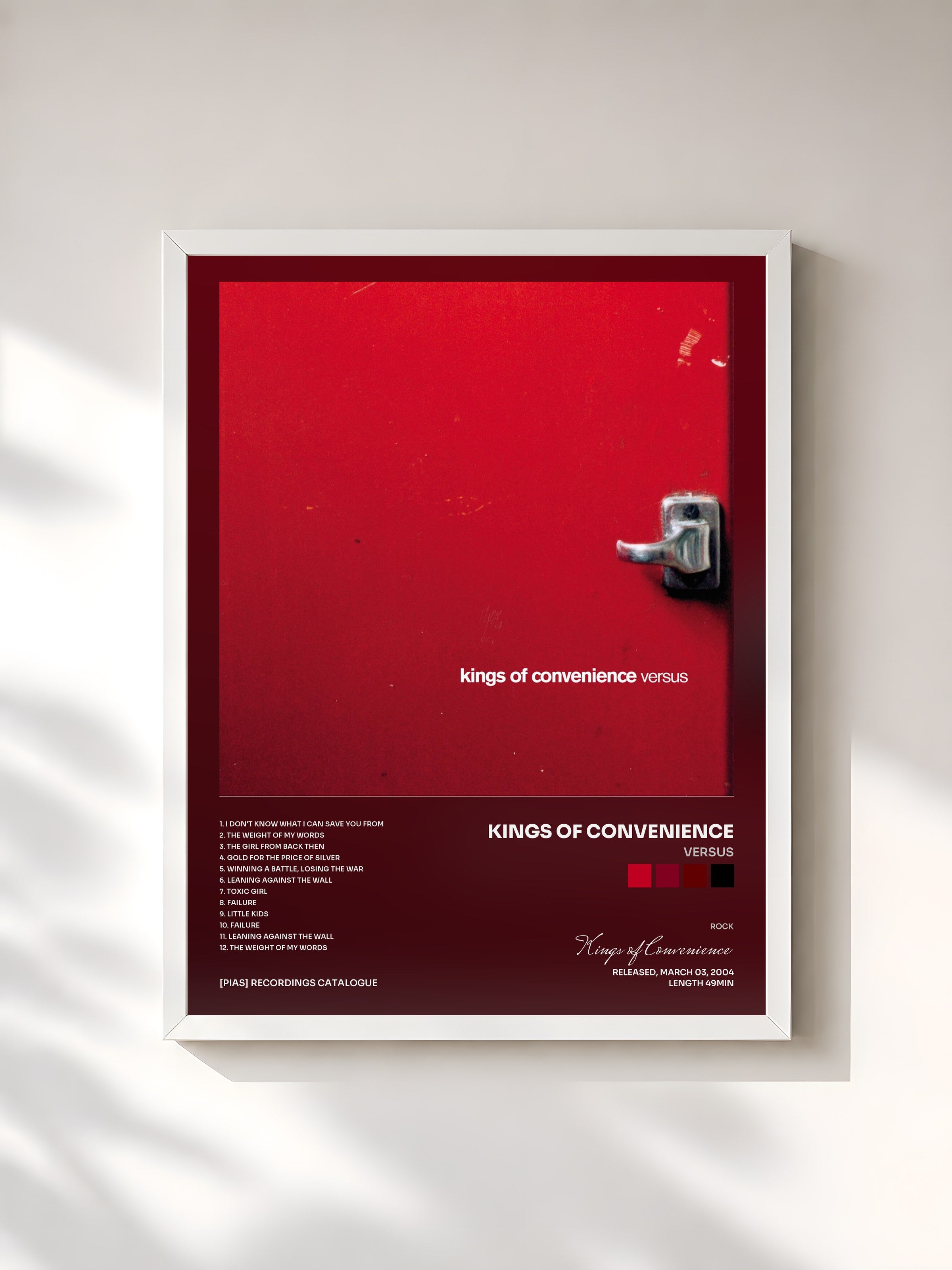 #blanc Tableau de l'album Versus de Kings of Convenience, cadre blanc, imprimé et encadré en France