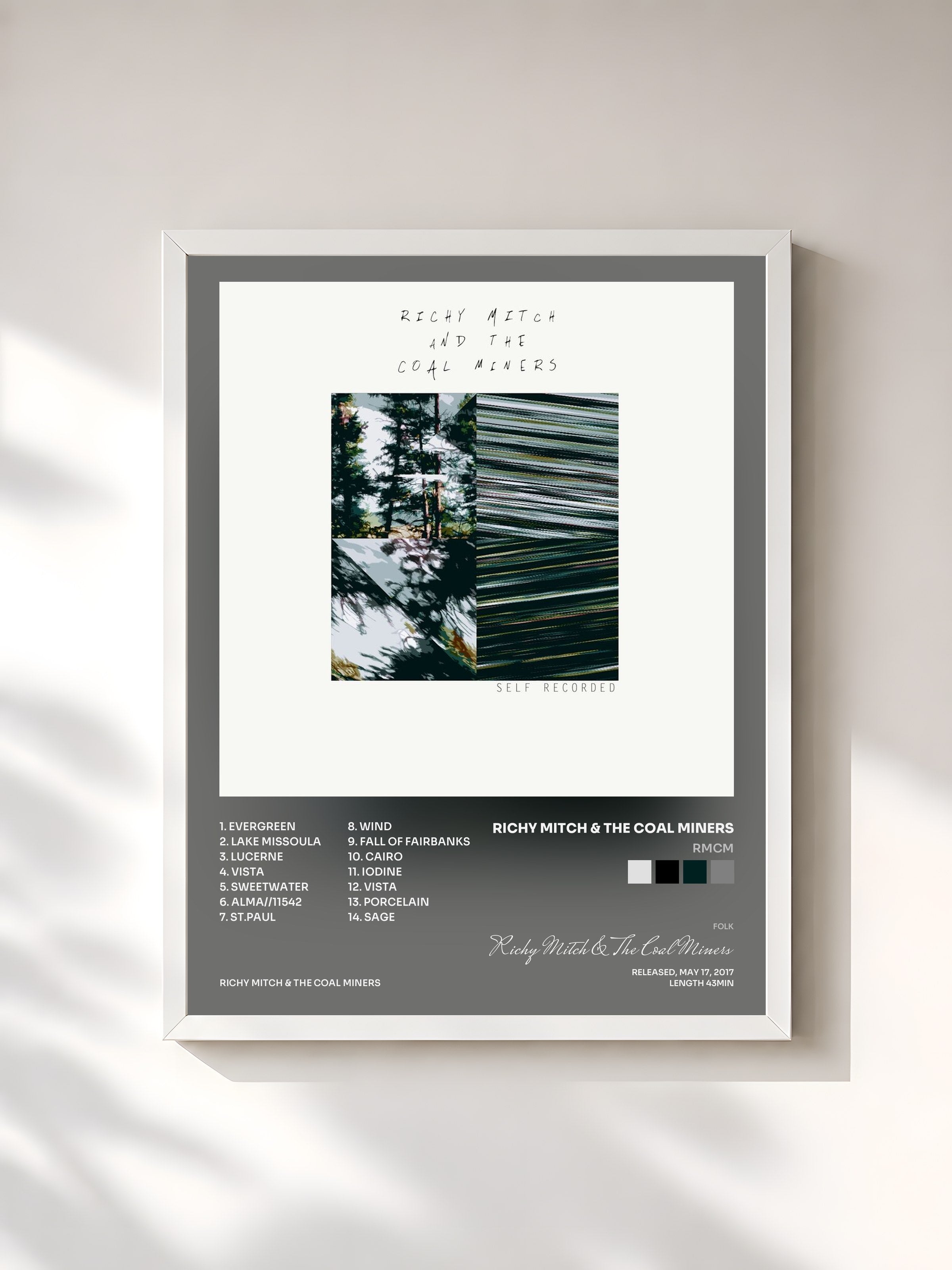 #blanc Tableau de l'album RMCM de Richy Mitch & The Coal Miners, cadre blanc, imprimé et encadré en France