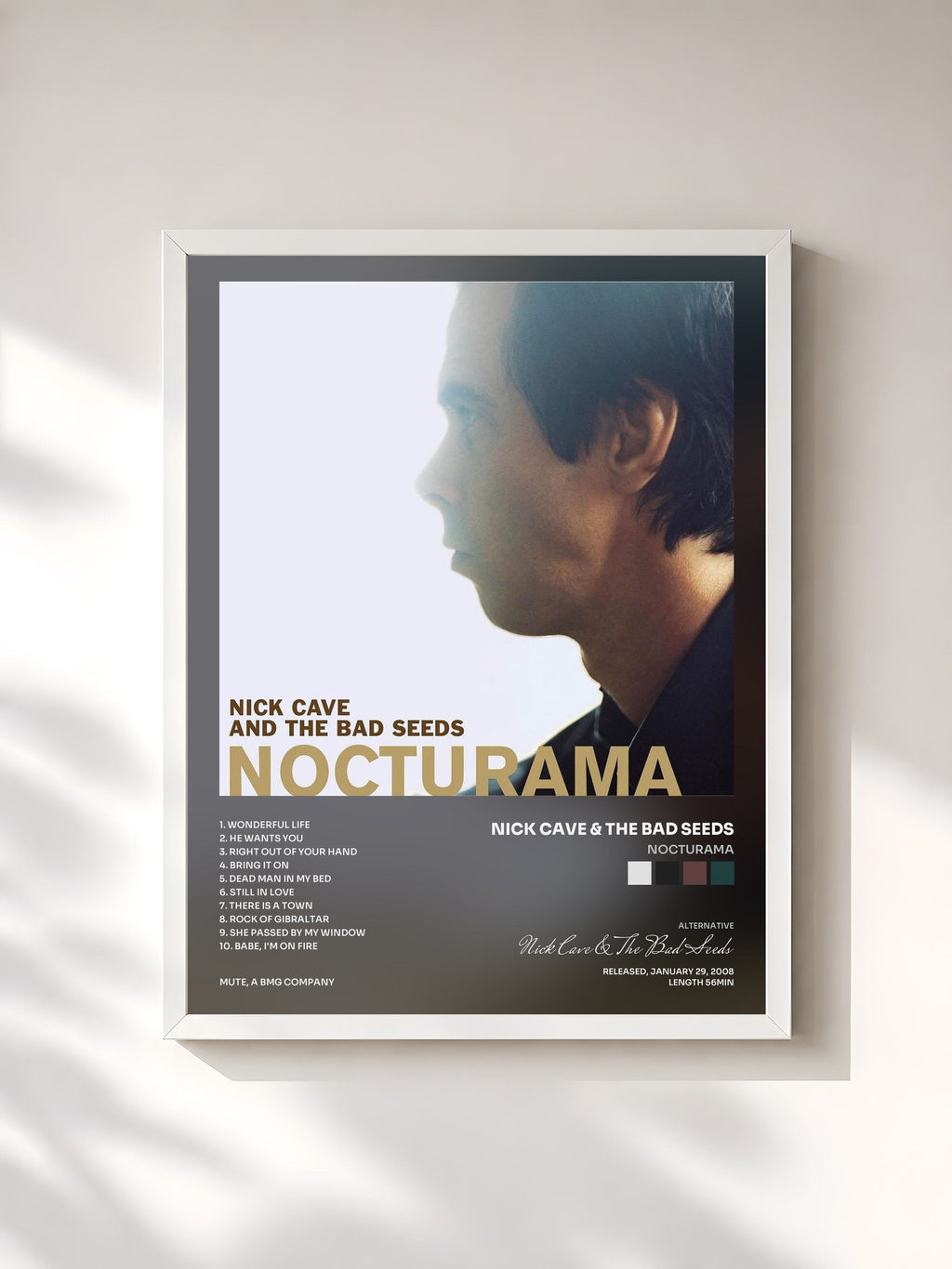 #blanc Nocturama de Nick Cave & The Bad Seeds en lámina enmarcada, marco blanco, impresa y enmarcada en Francia