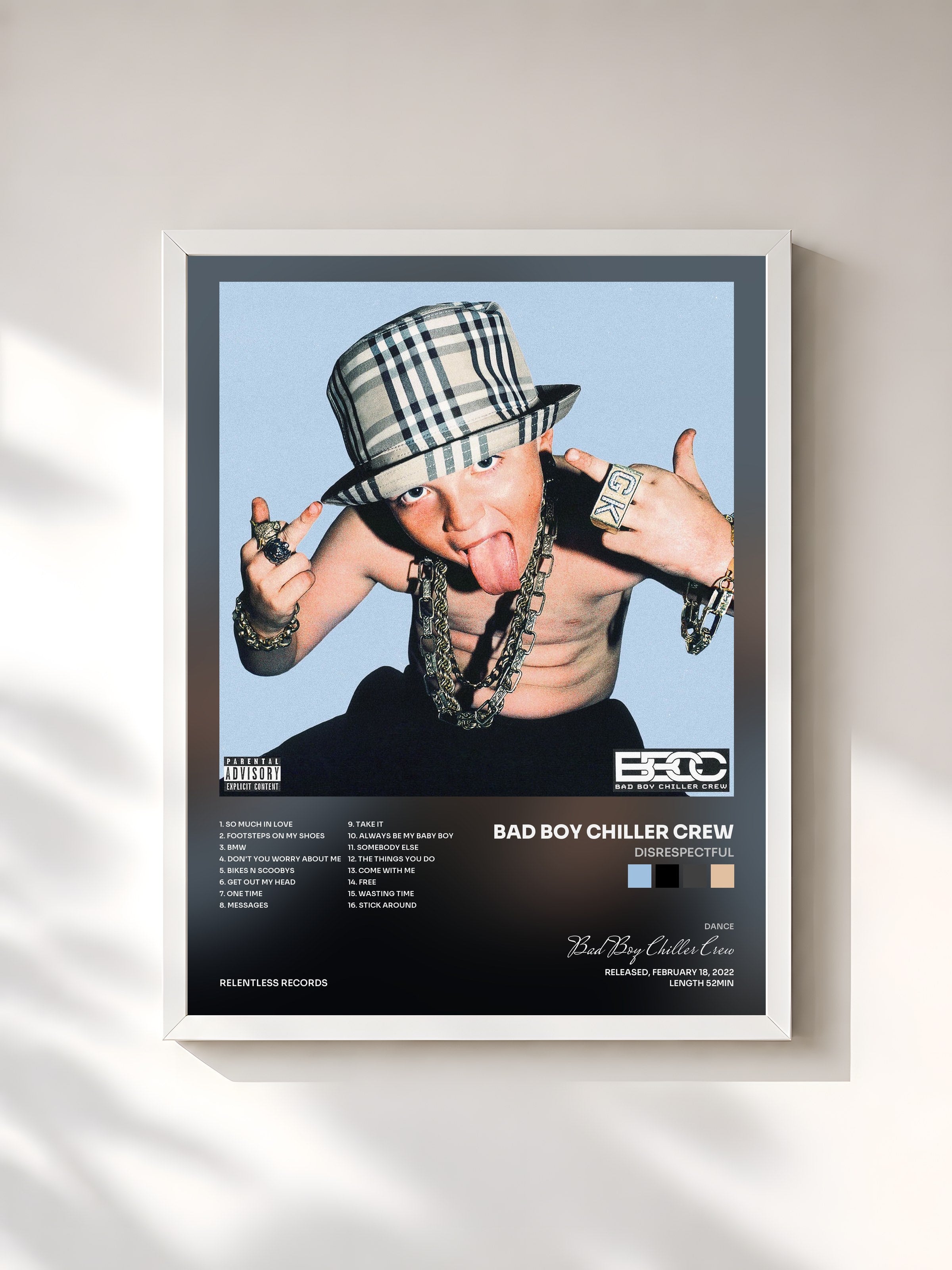 #blanc Tableau de l'album Disrespectful de Bad Boy Chiller Crew, cadre blanc, imprimé et encadré en France