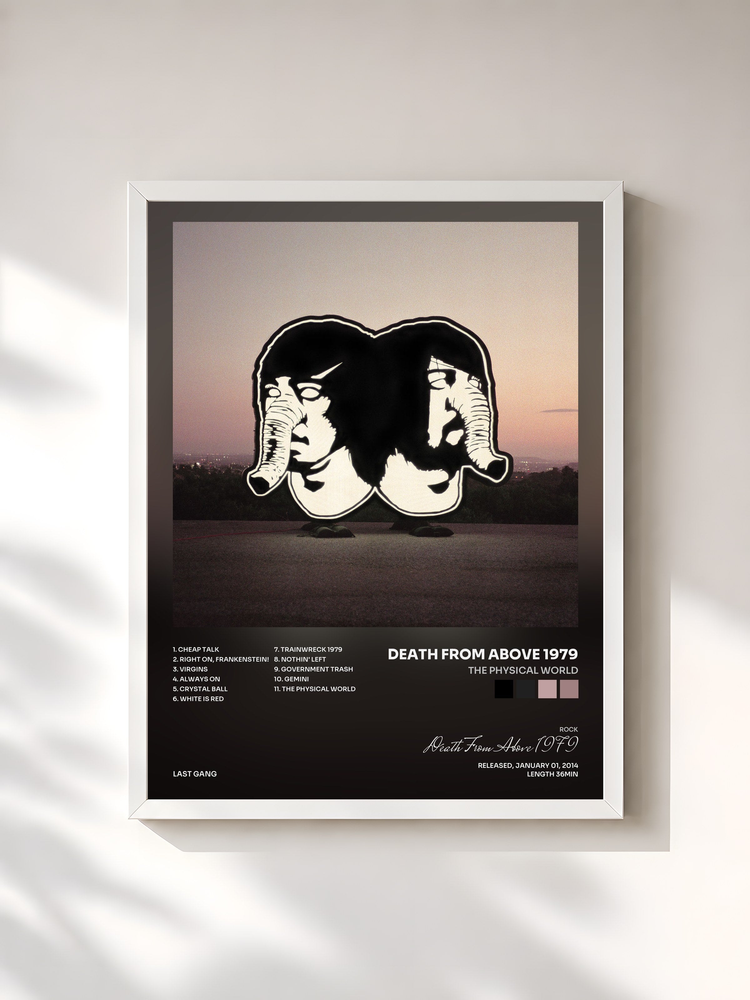 #blanc Tableau de l'album The Physical World de Death From Above 1979, cadre blanc, imprimé et encadré en France