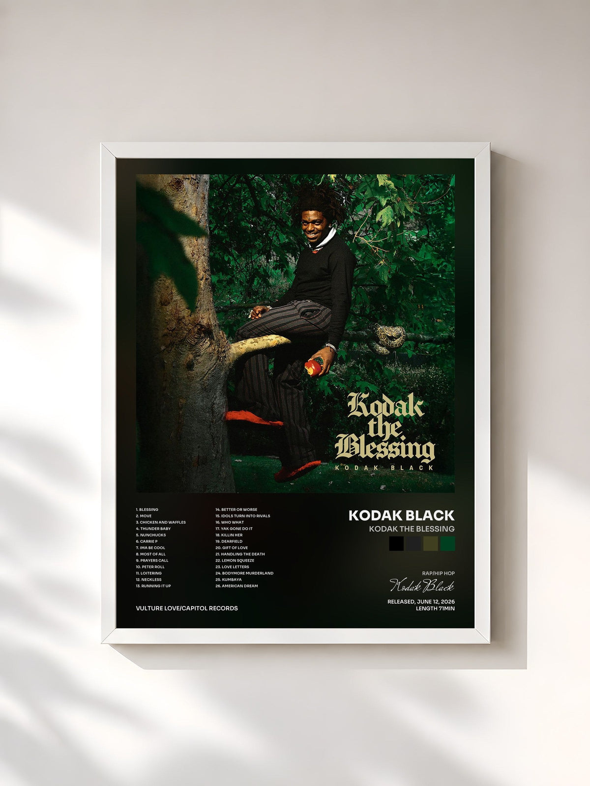 #blanc Tableau de l'album Kodak The Blessing de Kodak Black, cadre blanc, imprimé et encadré en France