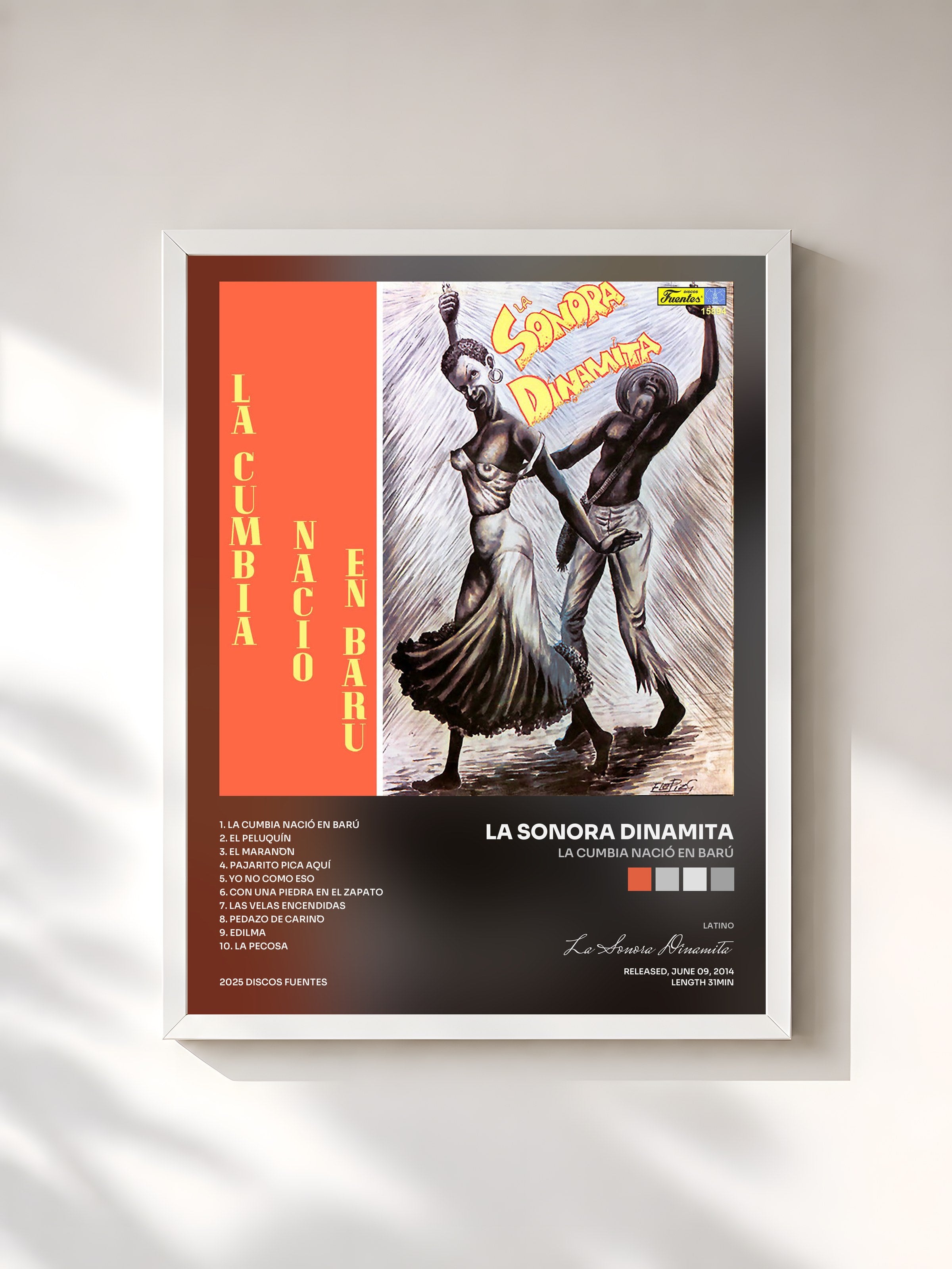 #blanc Tableau de l'album La Cumbia Nació en Barú de La Sonora Dinamita, cadre blanc, imprimé et encadré en France