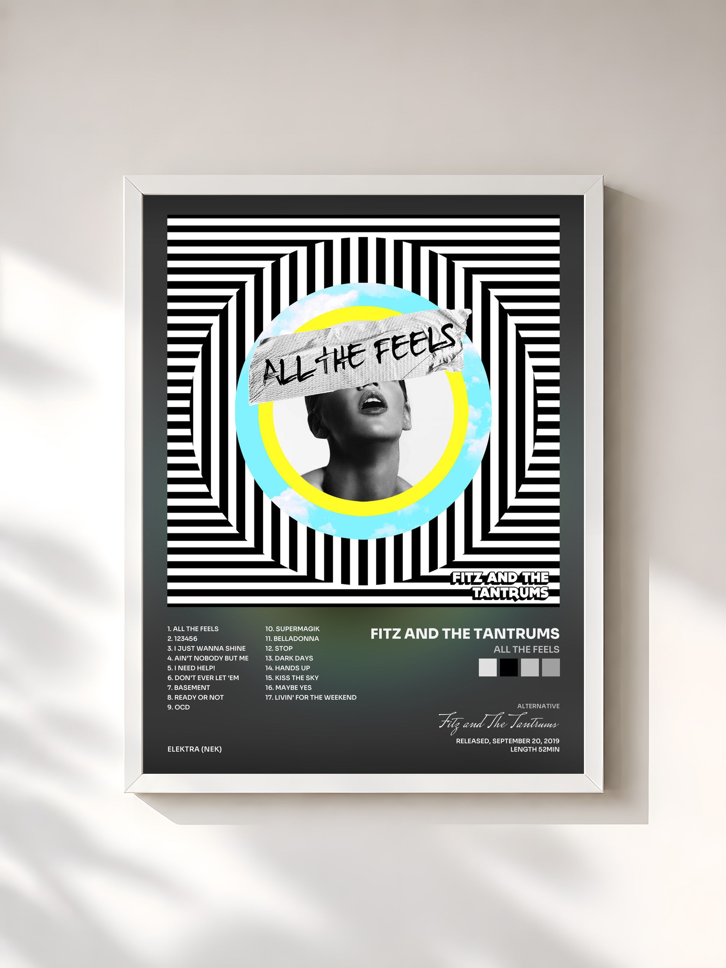 #blanc Tableau de l'album All the Feels de Fitz and The Tantrums, cadre blanc, imprimé et encadré en France