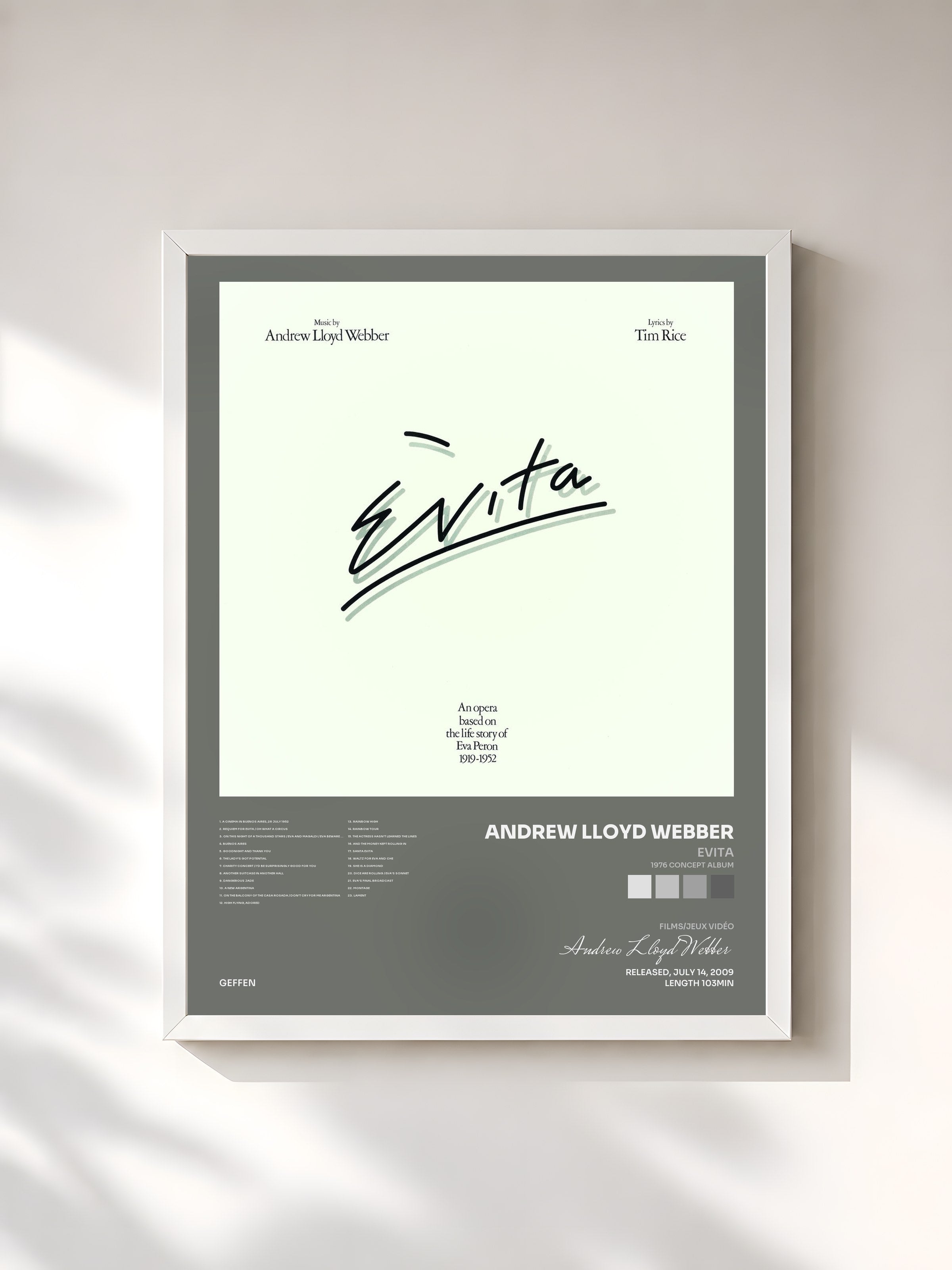 #blanc Tableau de l'album Evita (1976 Concept Album) de Andrew Lloyd Webber, cadre blanc, imprimé et encadré en France