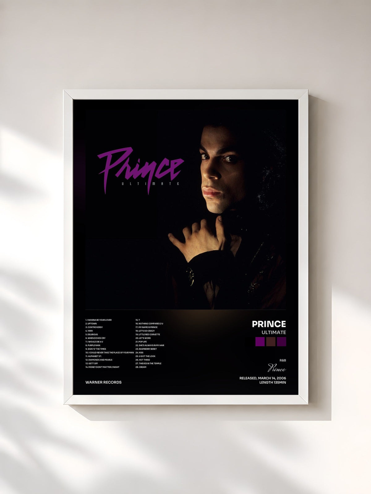 #blanc Tableau de l'album Ultimate de Prince, cadre blanc, imprimé et encadré en France