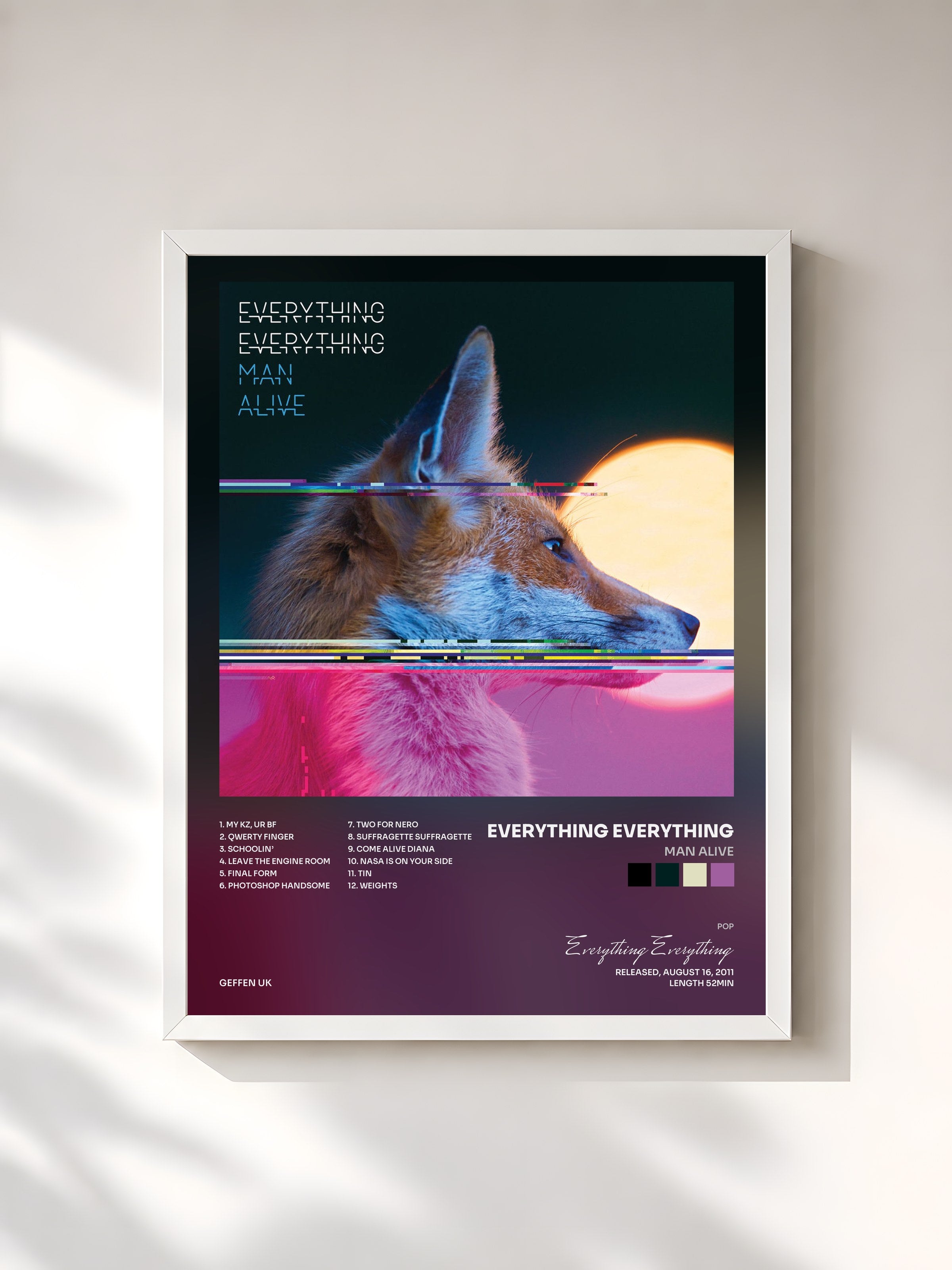 #blanc Tableau de l'album Man Alive de Everything Everything, cadre blanc, imprimé et encadré en France
