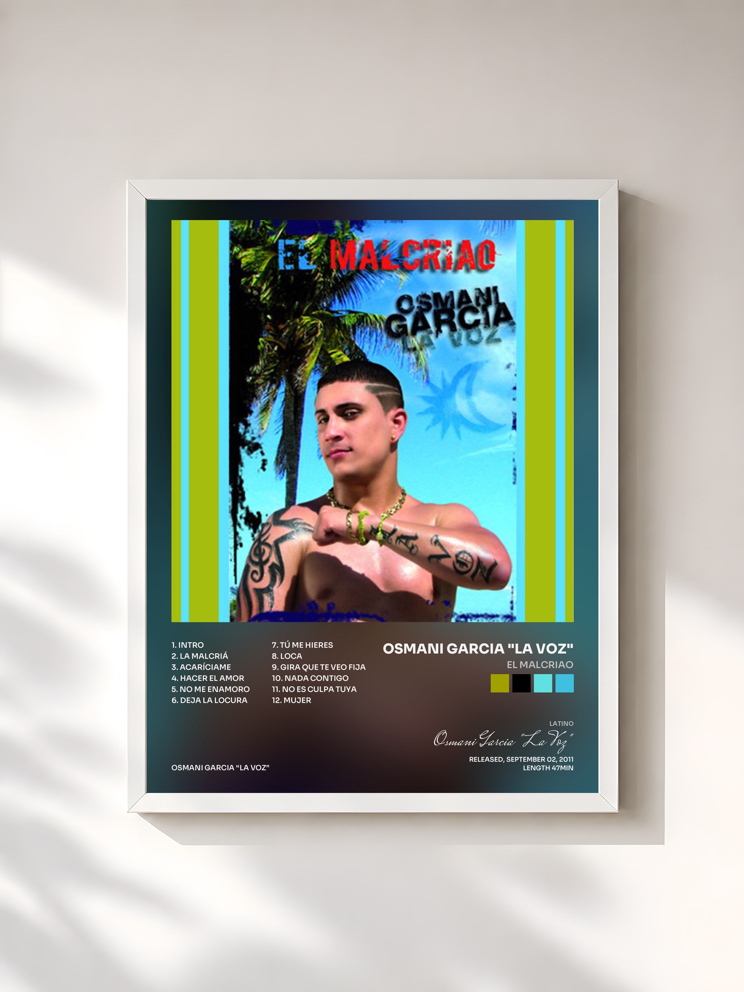 #blanc Tableau de l'album El Malcriao de Osmani Garcia "La Voz", cadre blanc, imprimé et encadré en France