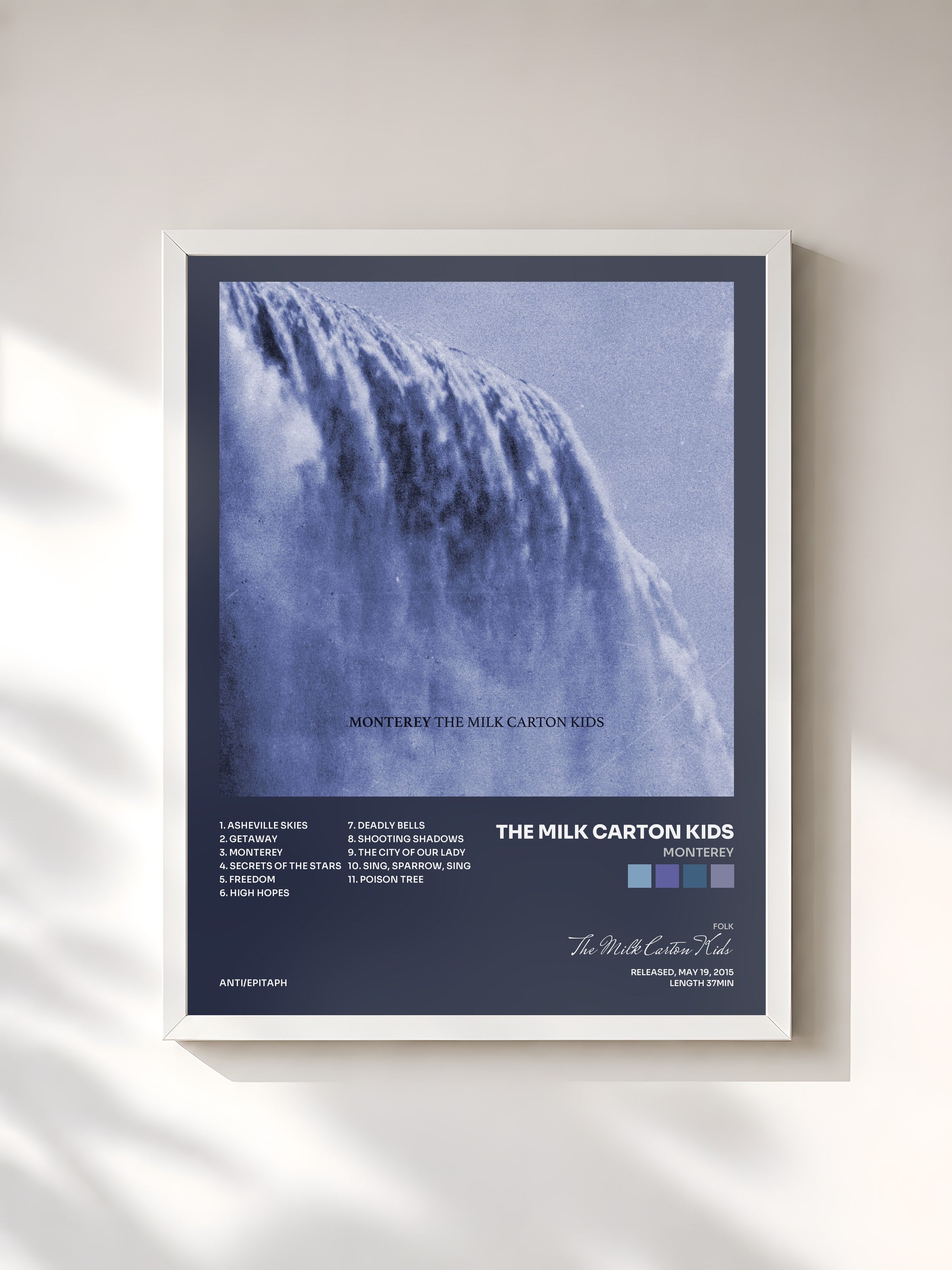 #blanc Tableau de l'album Monterey de The Milk Carton Kids, cadre blanc, imprimé et encadré en France