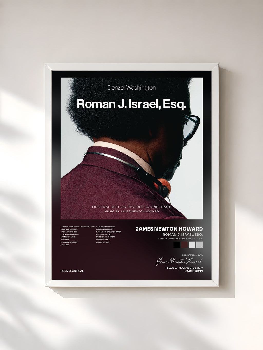 #blanc Roman J. Israel, Esq. (Original Motion Picture Soundtrack) de James Newton Howard en lámina enmarcada, marco blanco, impresa y enmarcada en Francia