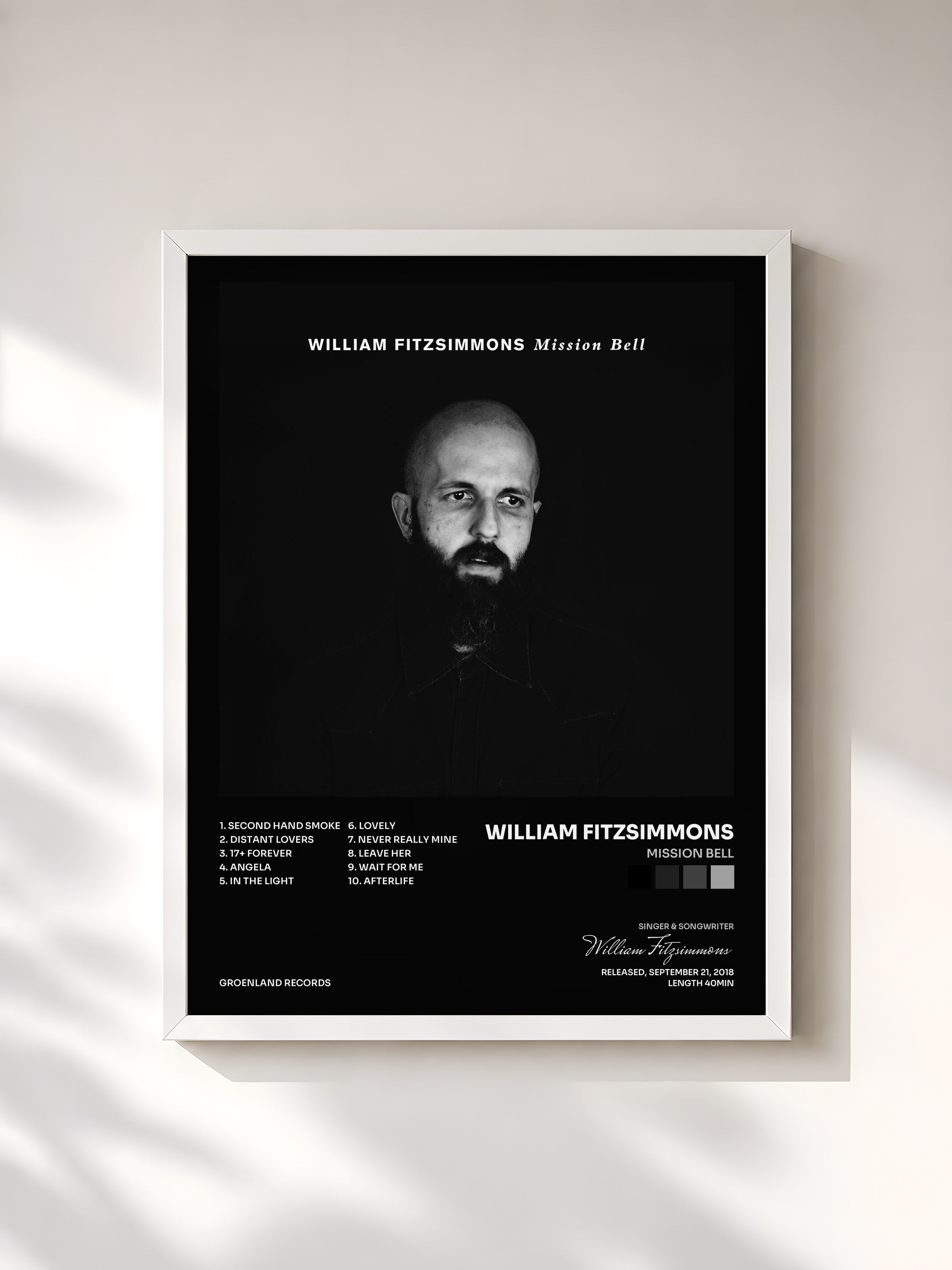 #blanc Tableau de l'album Mission Bell de William Fitzsimmons, cadre blanc, imprimé et encadré en France