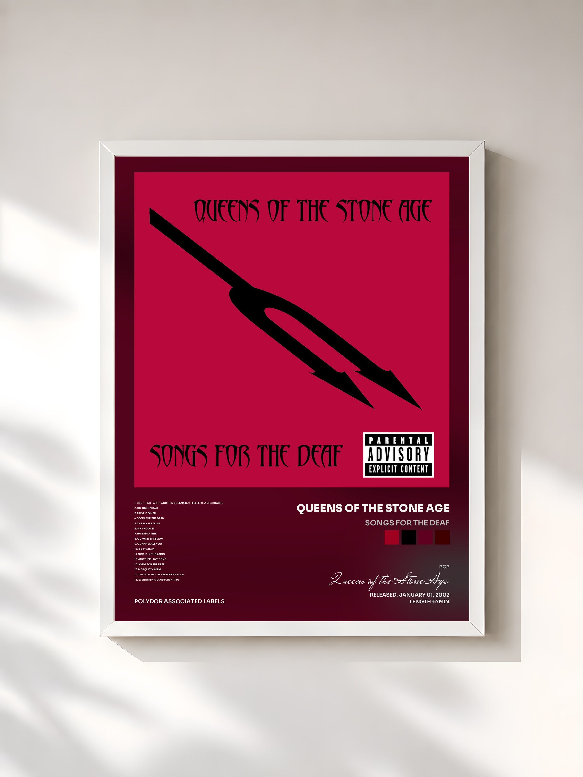 #blanc Tableau de l'album Songs For The Deaf de Queens of the Stone Age, cadre blanc, imprimé et encadré en France