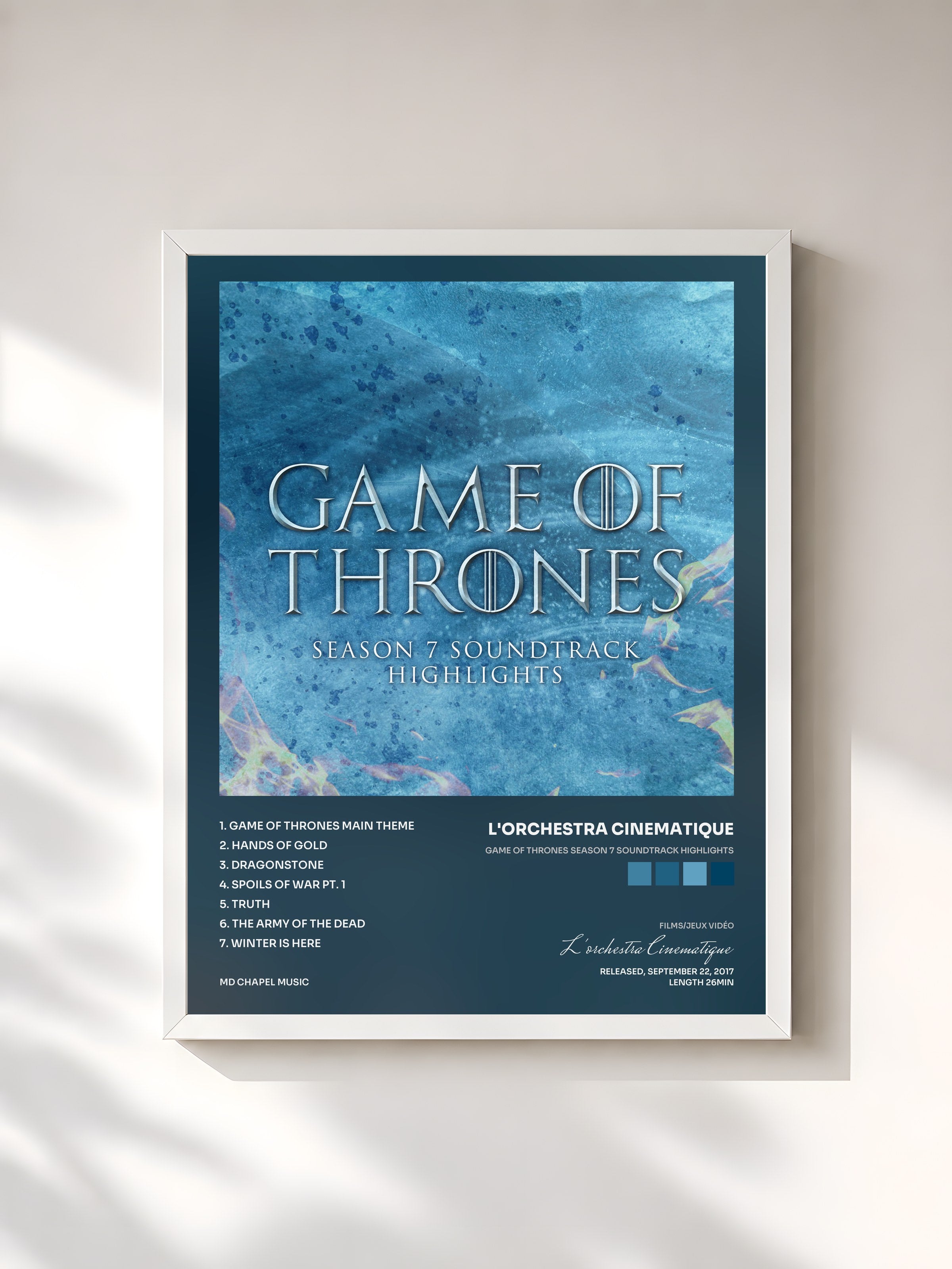 #blanc Tableau de l'album Game of Thrones Season 7 Soundtrack Highlights de L'orchestra Cinematique, cadre blanc, imprimé et encadré en France
