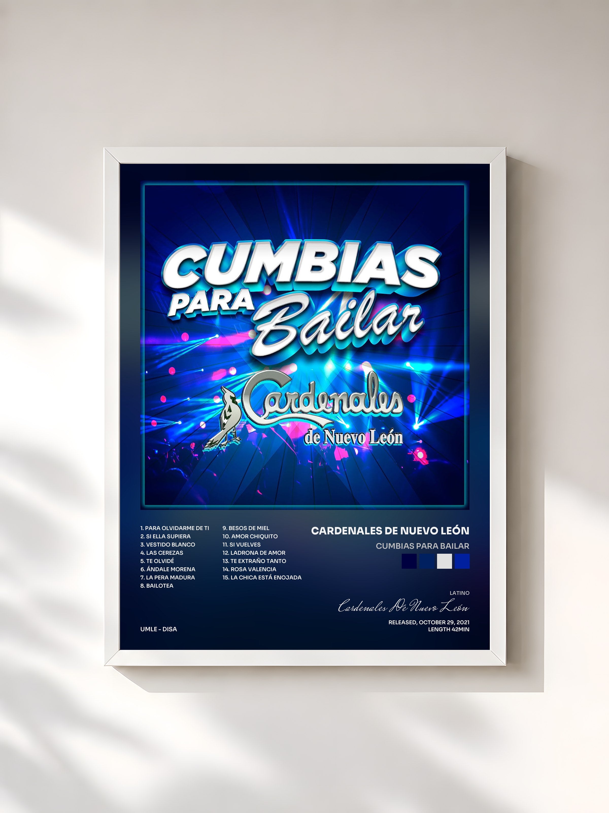 #blanc Tableau de l'album Cumbias Para Bailar de Cardenales De Nuevo León, cadre blanc, imprimé et encadré en France
