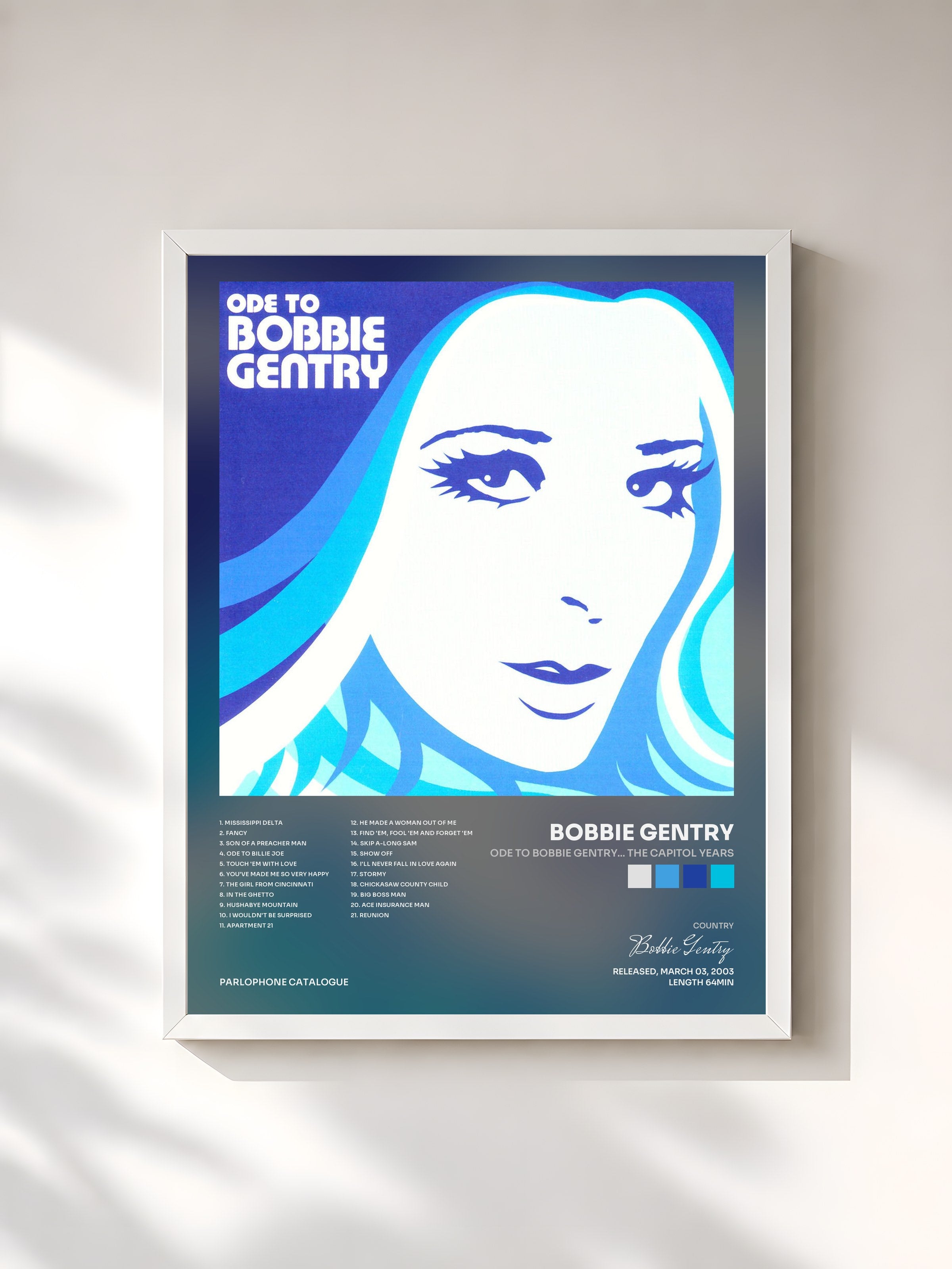 #blanc Tableau de l'album Ode To Bobbie Gentry... The Capitol Years de Bobbie Gentry, cadre blanc, imprimé et encadré en France