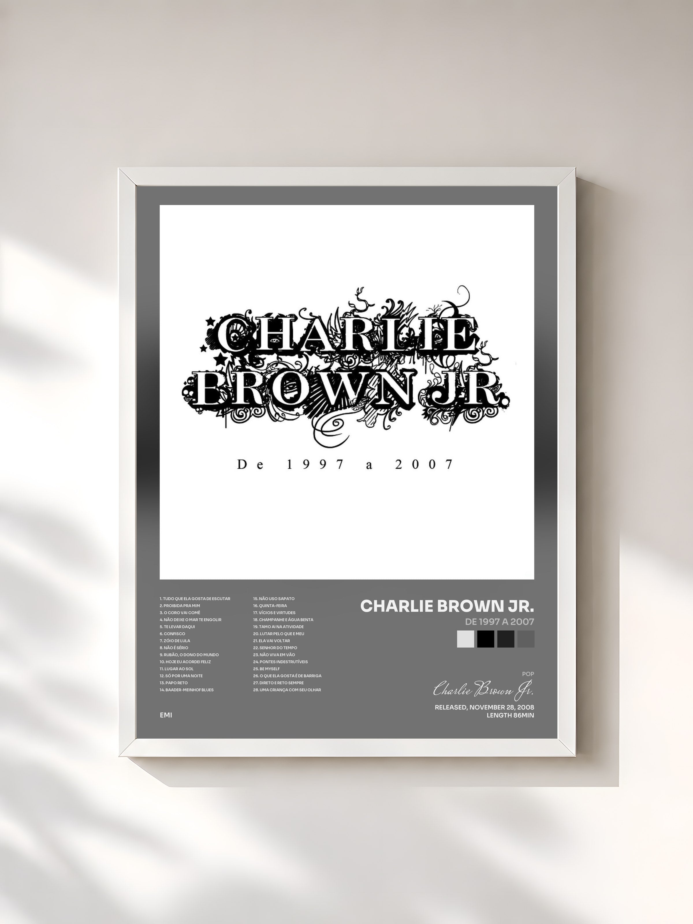 #blanc Tableau de l'album De 1997 A 2007 de Charlie Brown Jr., cadre blanc, imprimé et encadré en France