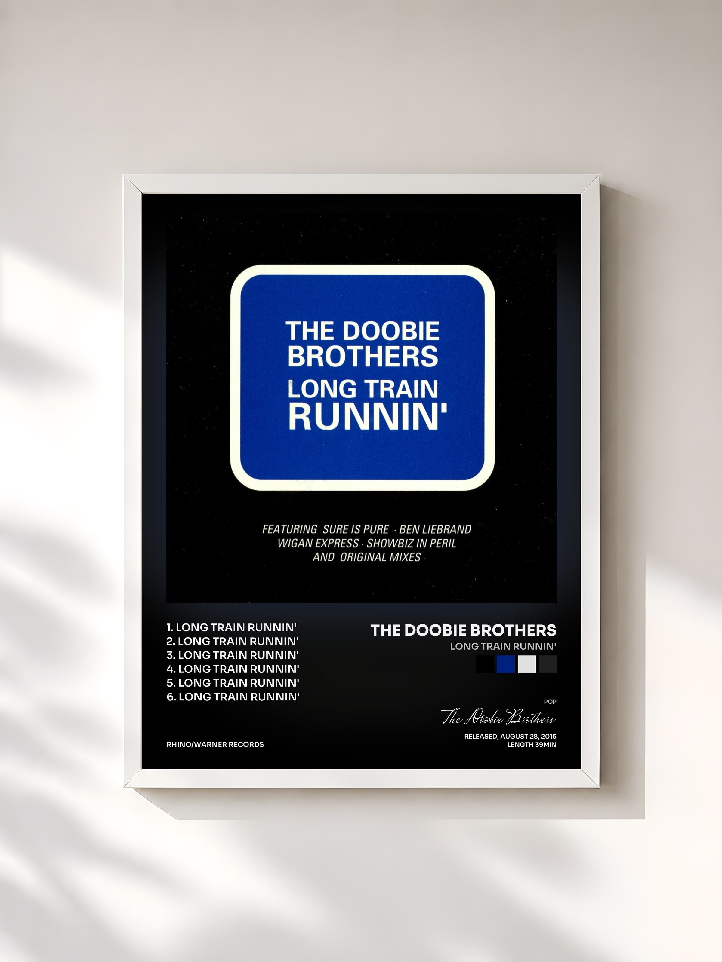 #blanc Tableau de l'album Long Train Runnin' de The Doobie Brothers, cadre blanc, imprimé et encadré en France