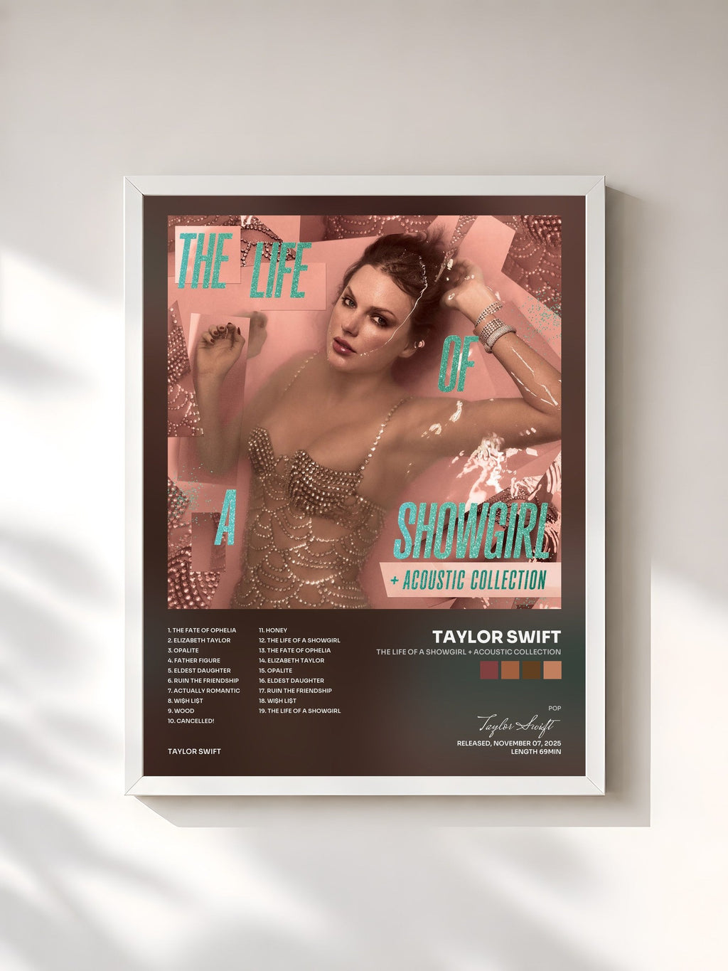 #blanc Tableau de l'album The Life of a Showgirl + Acoustic Collection de Taylor Swift, cadre blanc, imprimé et encadré en France