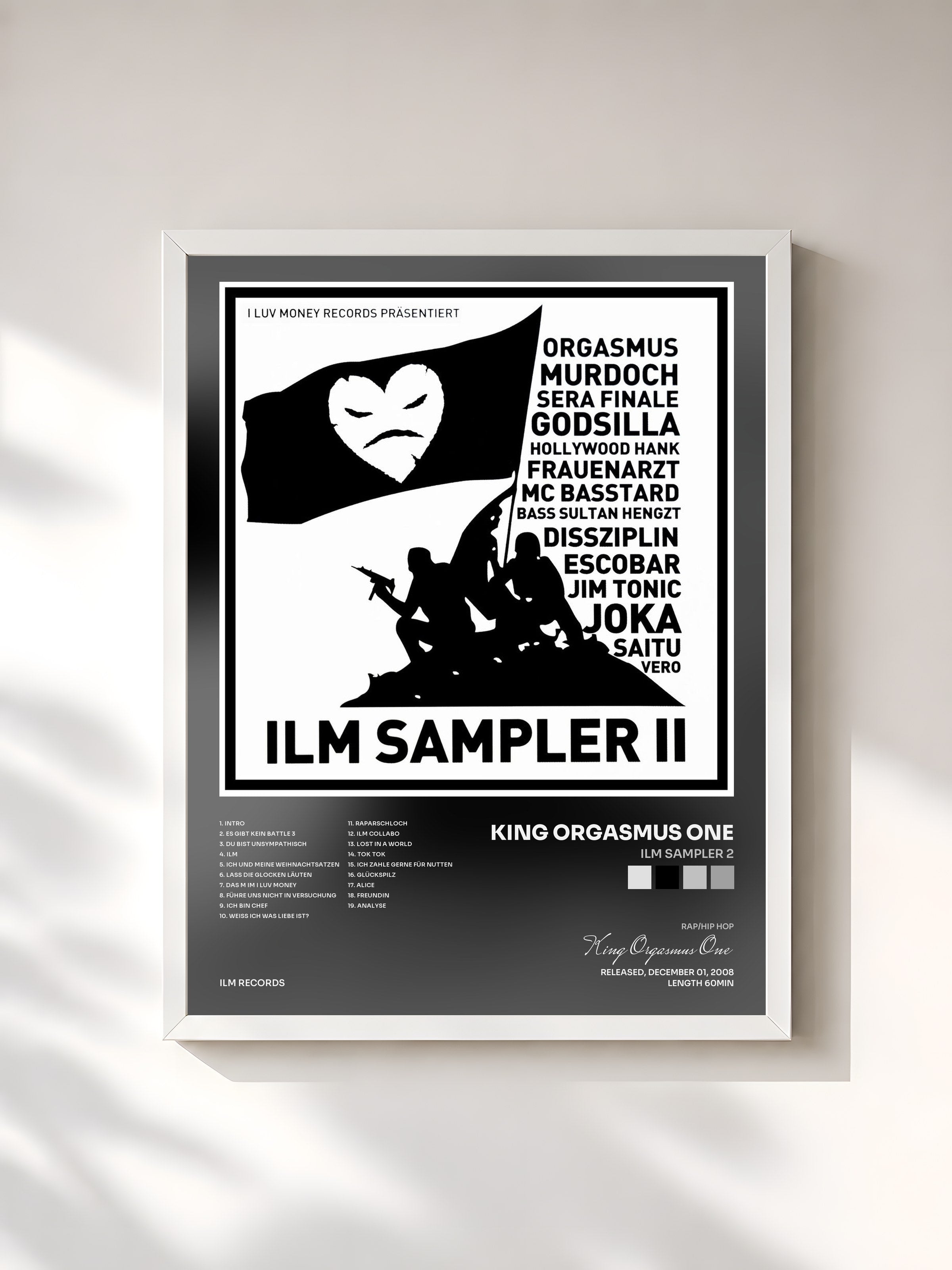 #blanc Tableau de l'album ILM Sampler 2 de King Orgasmus One, cadre blanc, imprimé et encadré en France