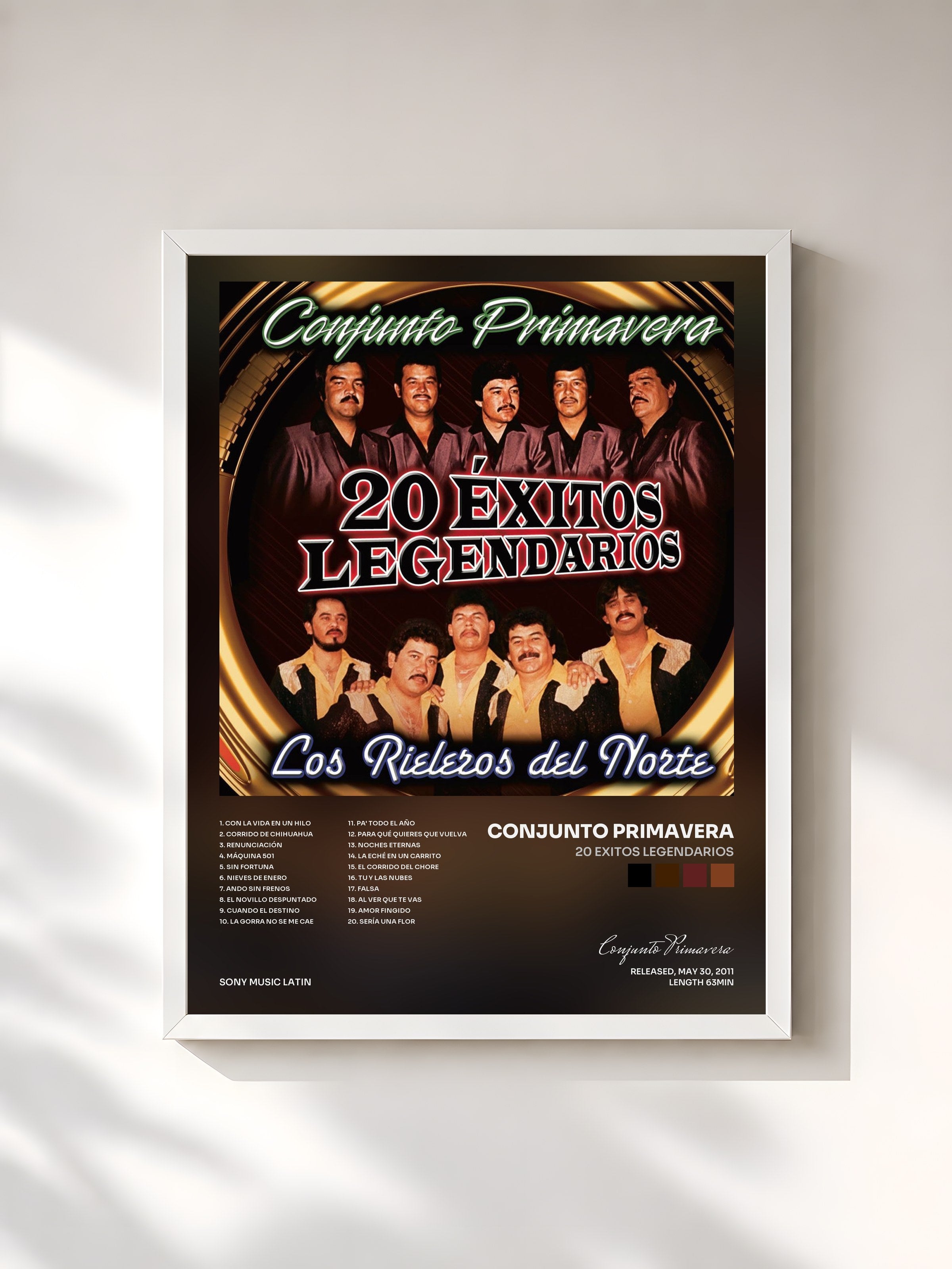 #blanc Tableau de l'album 20 Exitos Legendarios de Conjunto Primavera, cadre blanc, imprimé et encadré en France