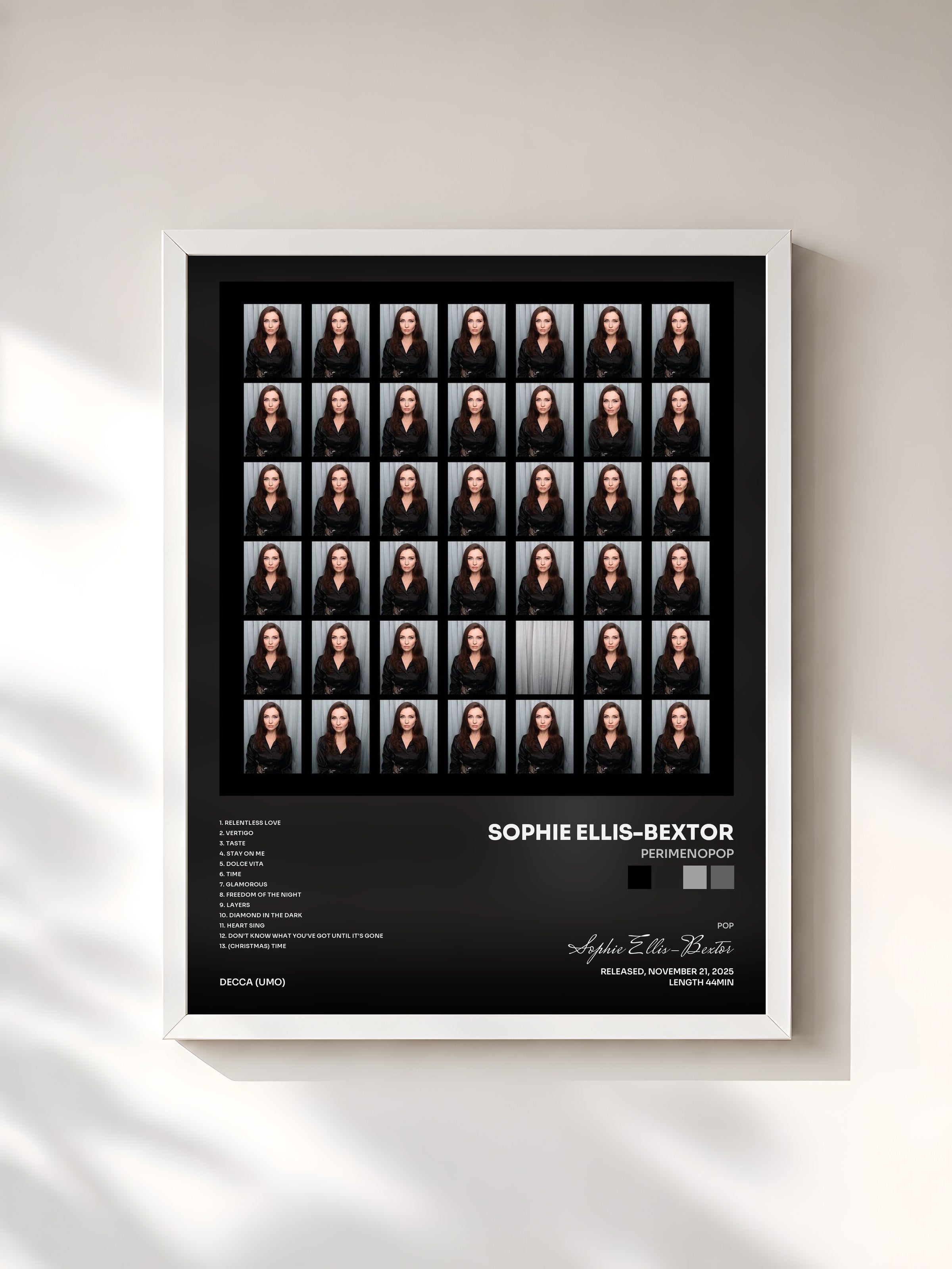 #blanc Tableau de l'album Perimenopop de Sophie Ellis-Bextor, cadre blanc, imprimé et encadré en France