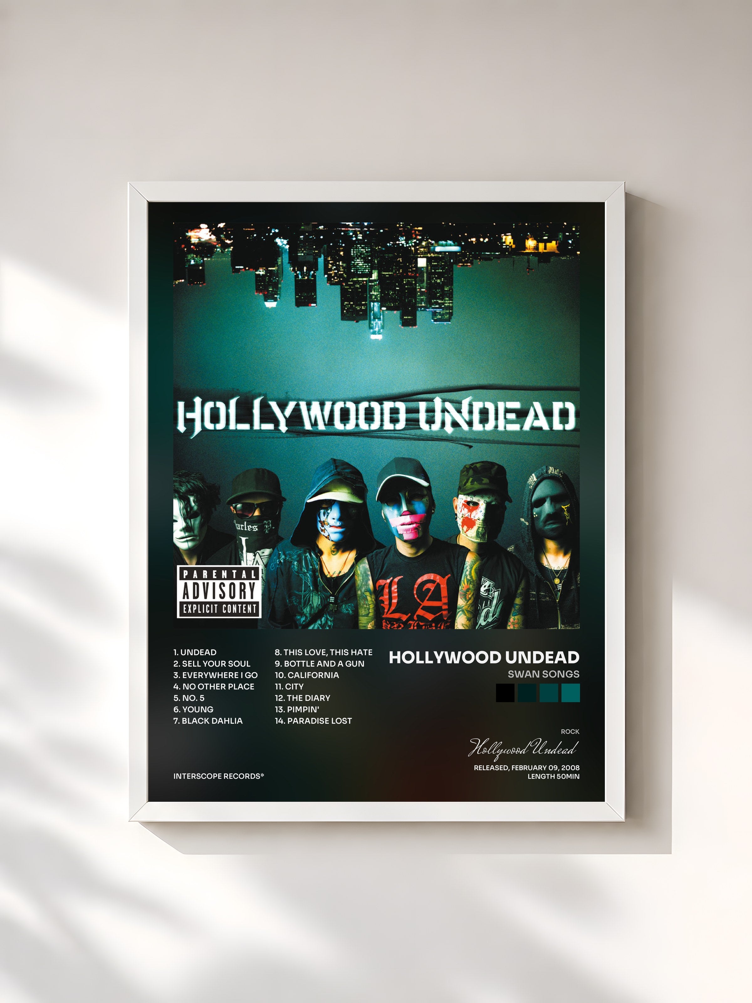 #blanc Tableau de l'album Swan Songs de Hollywood Undead, cadre blanc, imprimé et encadré en France