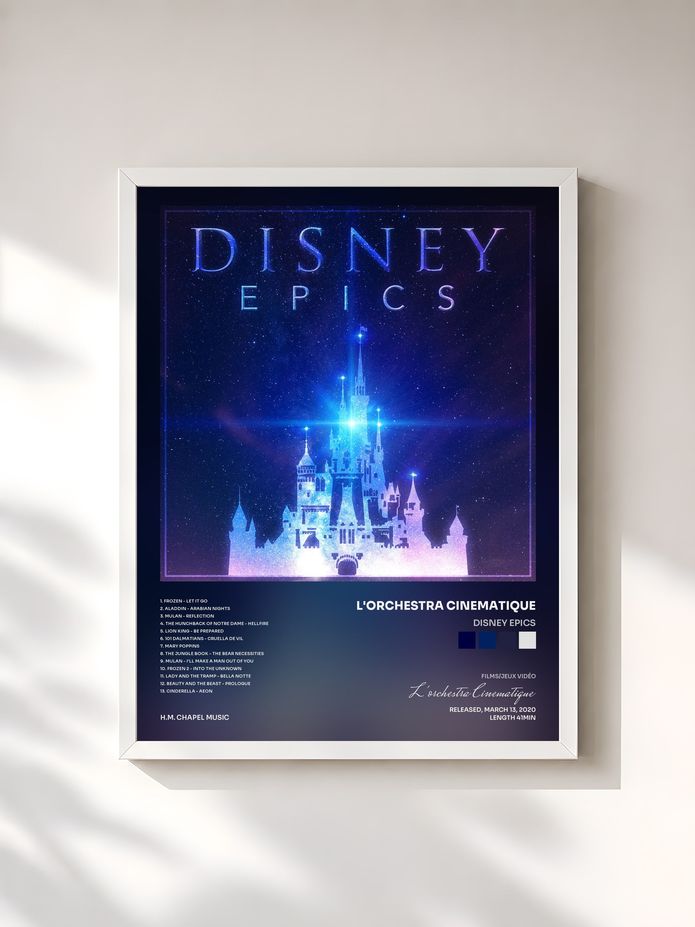 #blanc Tableau de l'album Disney Epics de L'orchestra Cinematique, cadre blanc, imprimé et encadré en France
