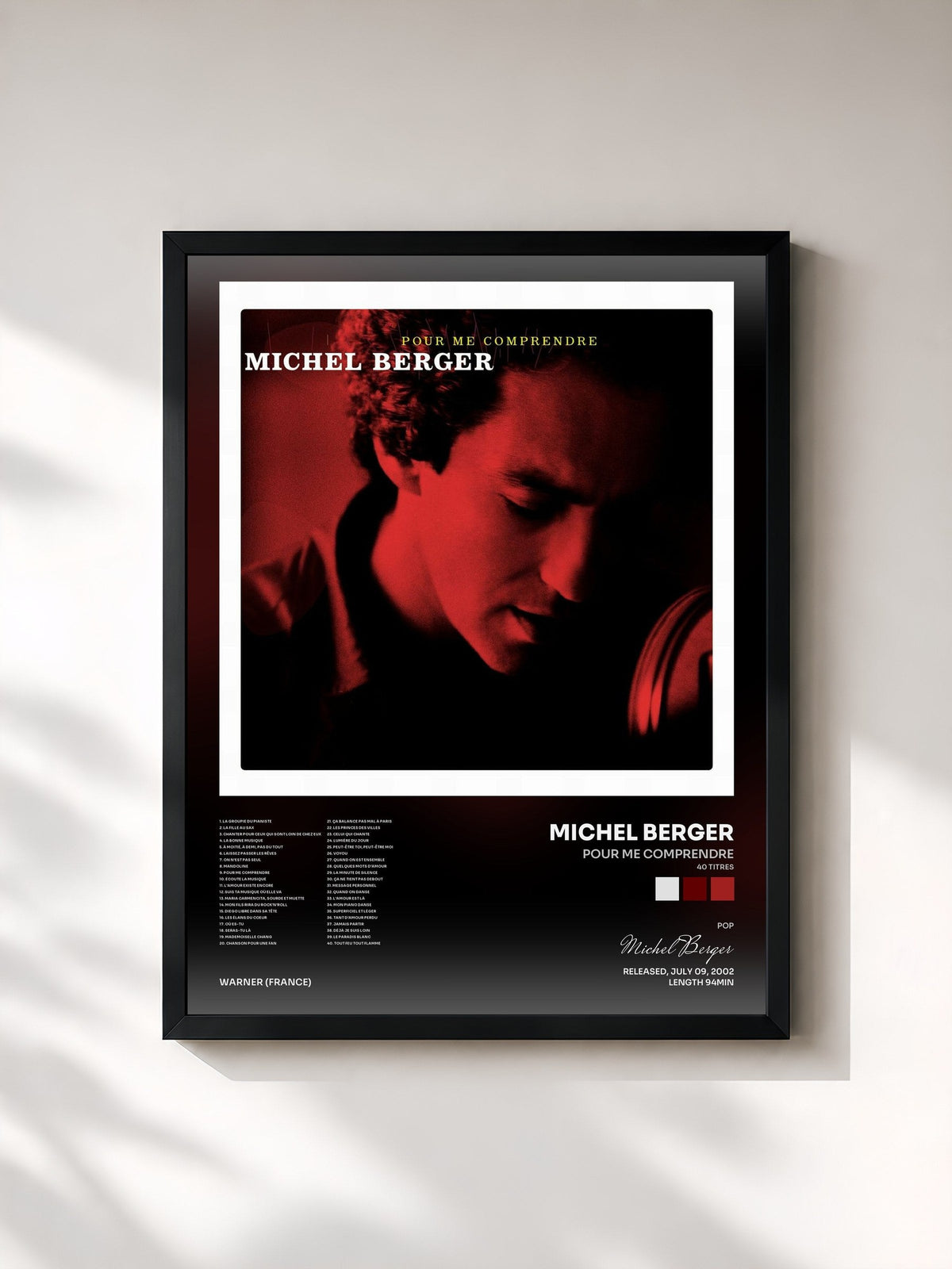 #noir Tableau de l'album Pour me comprendre (40 titres) de Michel Berger, cadre noir, imprimé et encadré en France