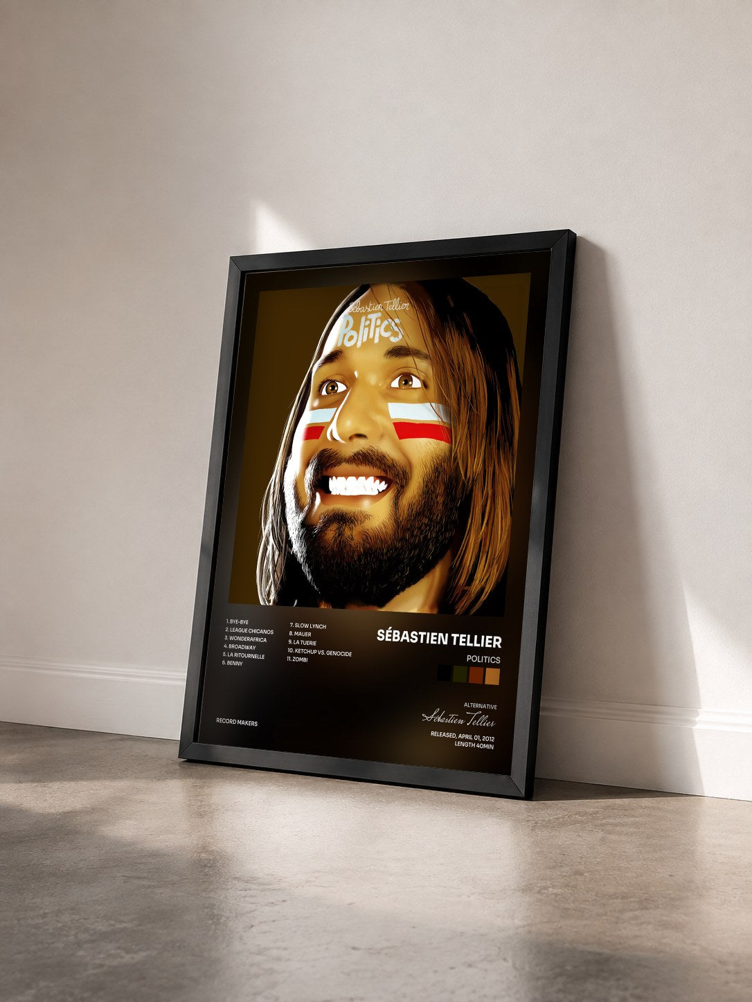 #noir Politics di Sébastien Tellier in stampa incorniciata vista di tre quarti, cornice nera