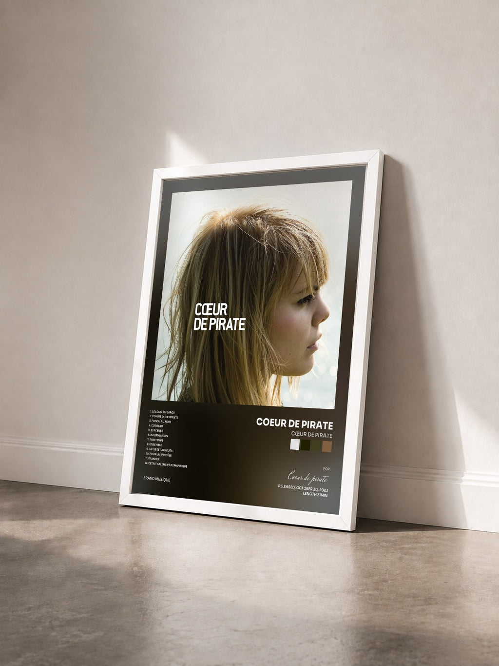 #blanc Cœur by pirate de Coeur de pirate as a framed art print seen at an angle, white frame