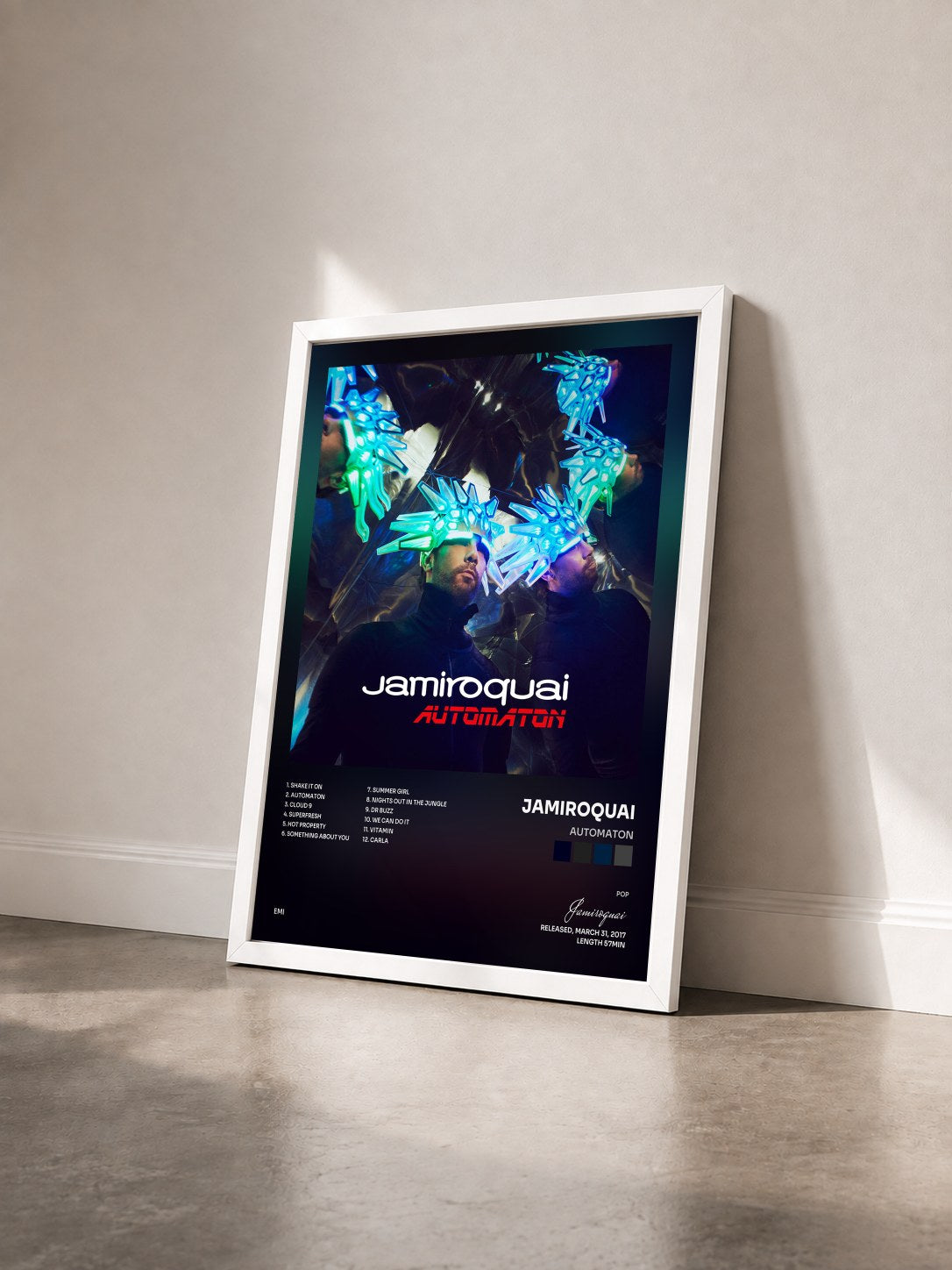 #blanc Tableau de l'album Automaton de Jamiroquai vu de trois quarts, cadre blanc