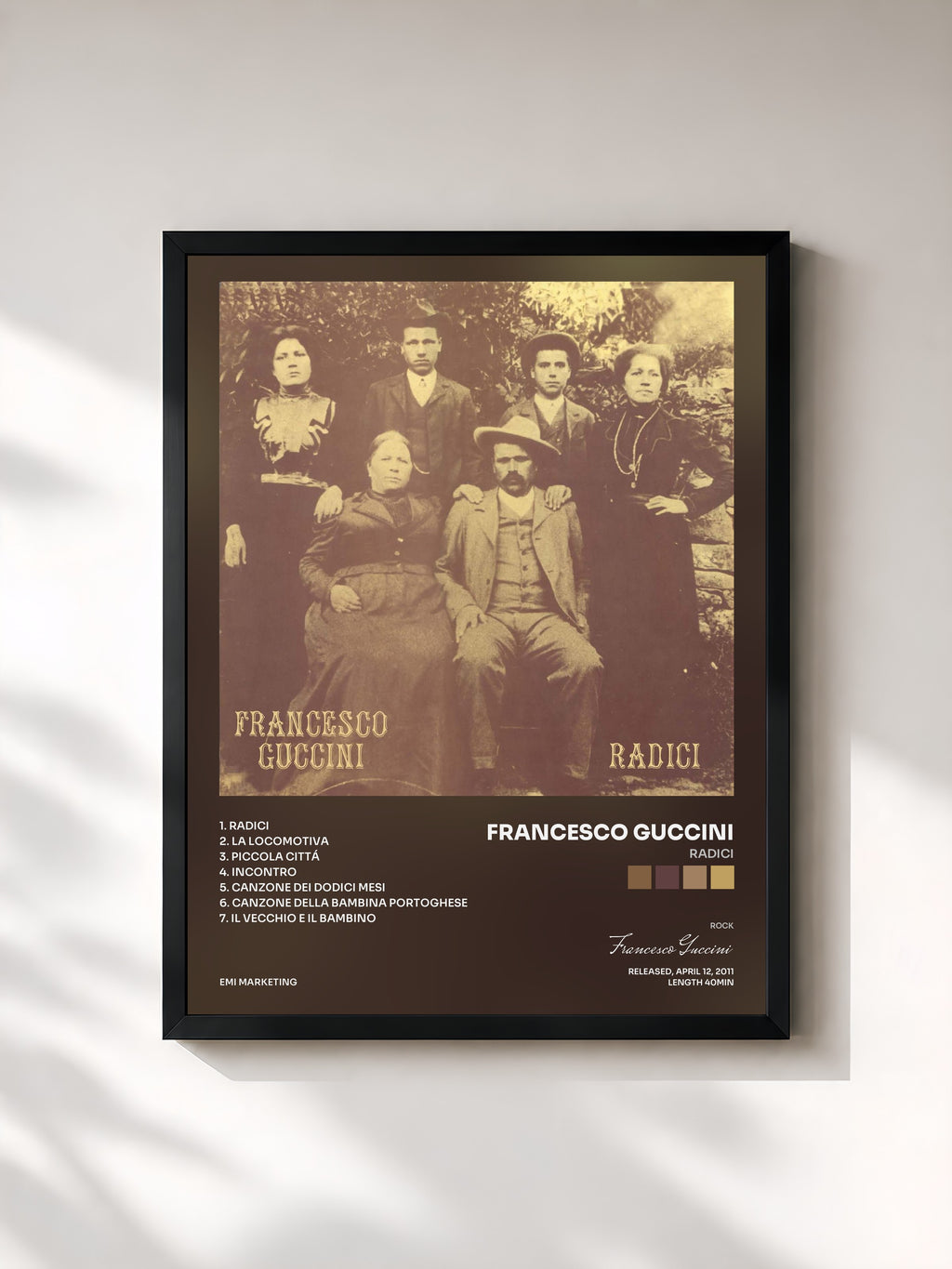 #noir Tableau de l'album Radici de Francesco Guccini, cadre noir, imprimé et encadré en France