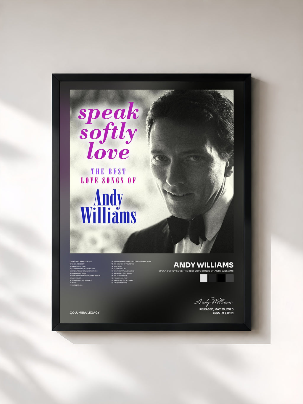 #noir Tableau de l'album Speak Softly Love: The Best Love Songs of Andy Williams de Andy Williams, cadre noir, imprimé et encadré en France