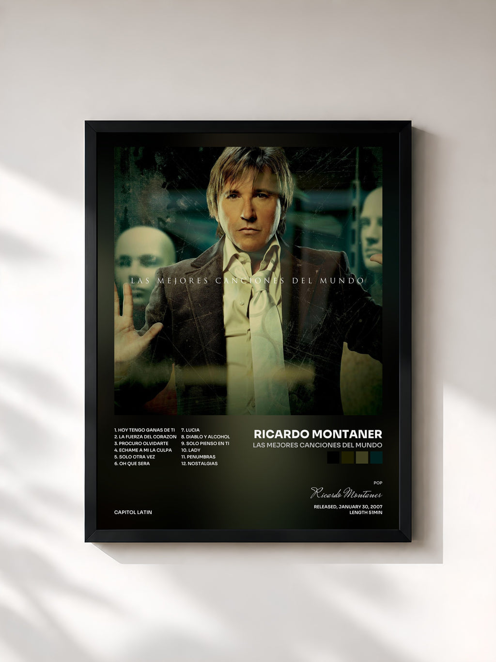 #noir Tableau de l'album Las Mejores Canciones Del Mundo de Ricardo Montaner, cadre noir, imprimé et encadré en France