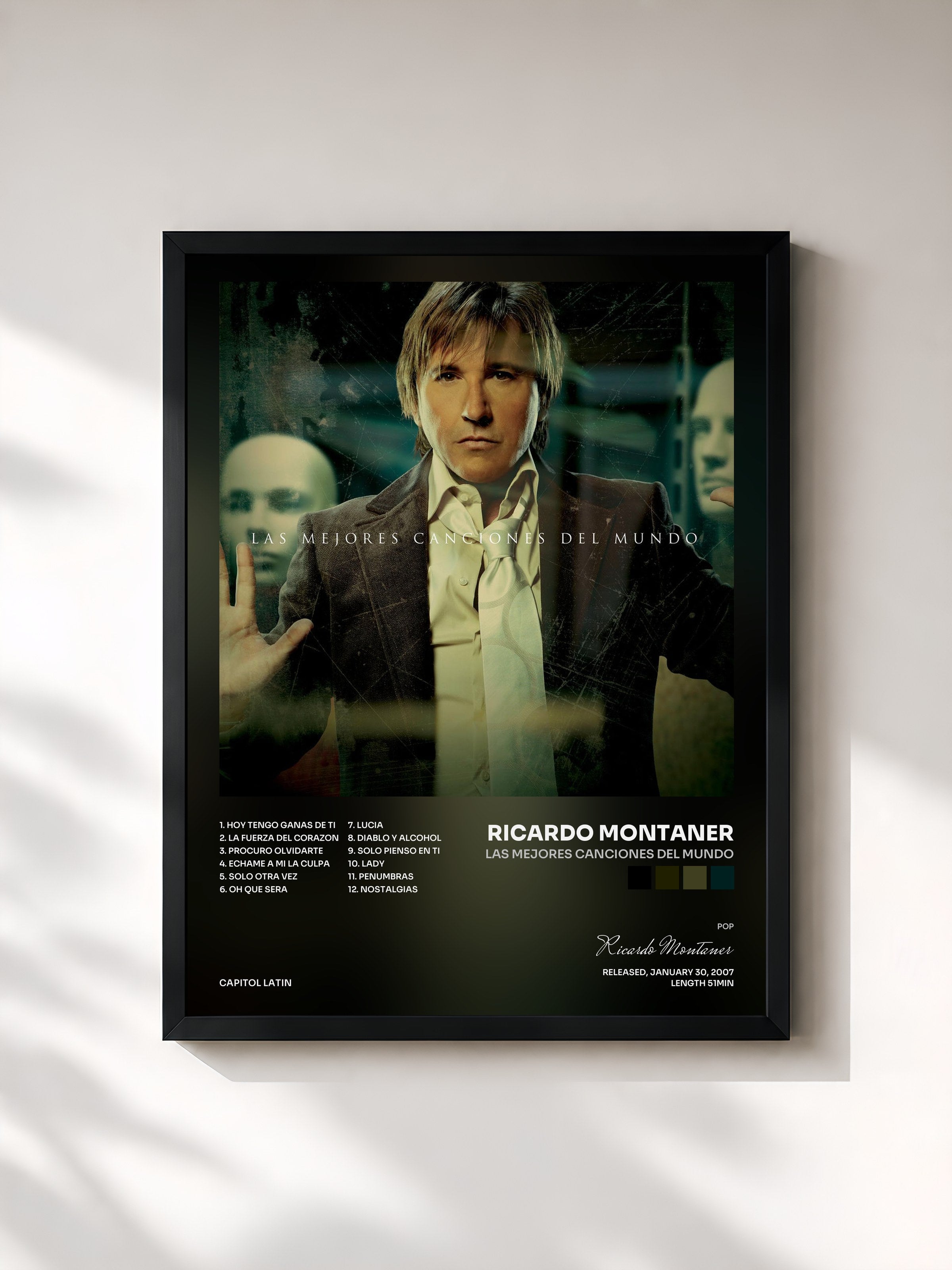 #noir Tableau de l'album Las Mejores Canciones Del Mundo de Ricardo Montaner, cadre noir, imprimé et encadré en France