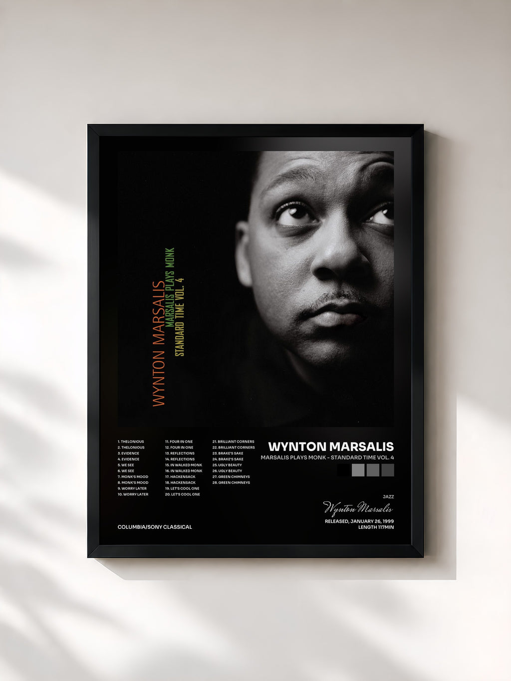 #noir Tableau de l'album Marsalis Plays Monk - Standard Time Vol. 4 de Wynton Marsalis, cadre noir, imprimé et encadré en France