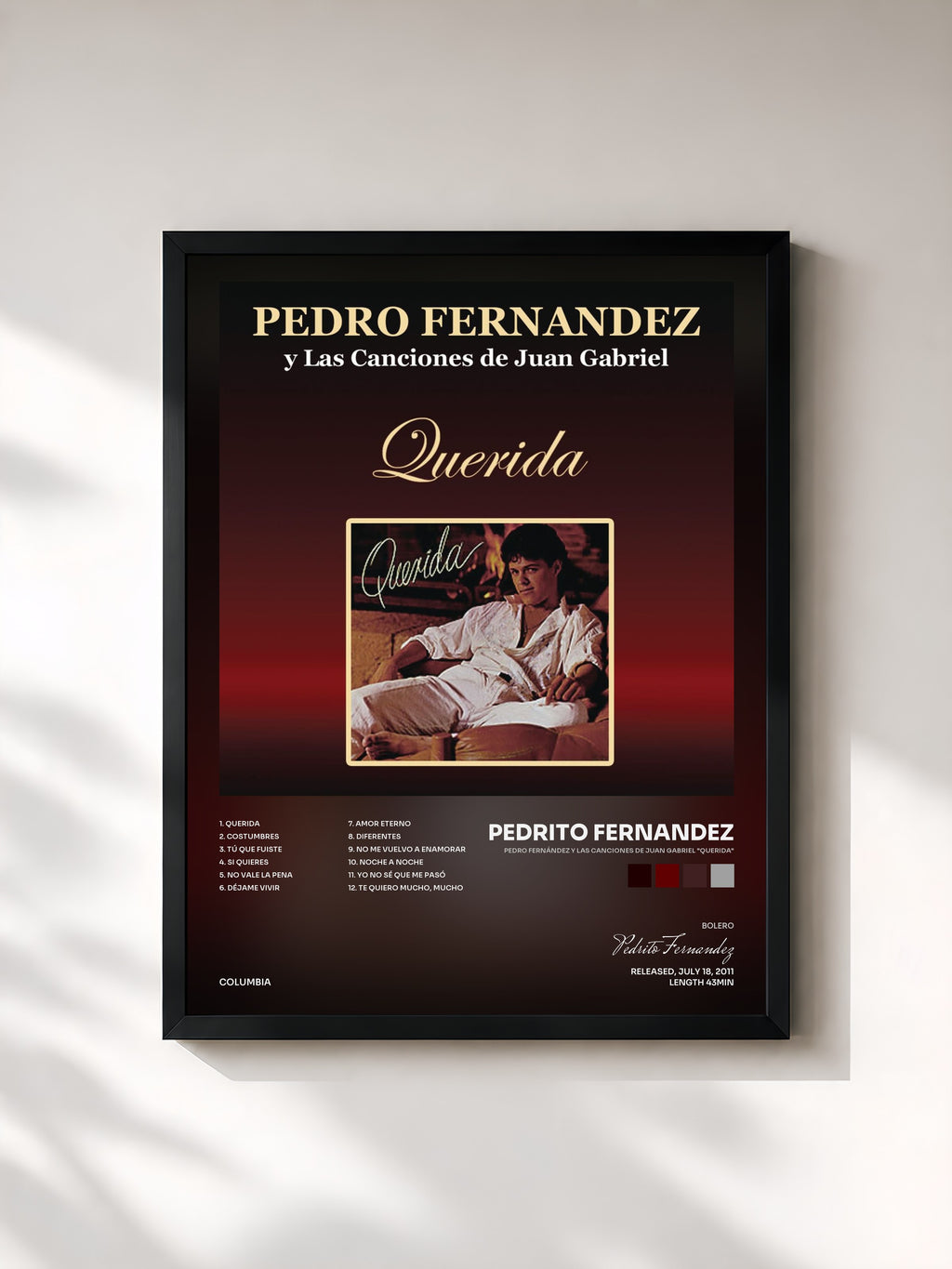 #noir Tableau de l'album Pedro Fernández Y Las Canciones de Juan Gabriel "Querida" de Pedrito Fernandez, cadre noir, imprimé et encadré en France