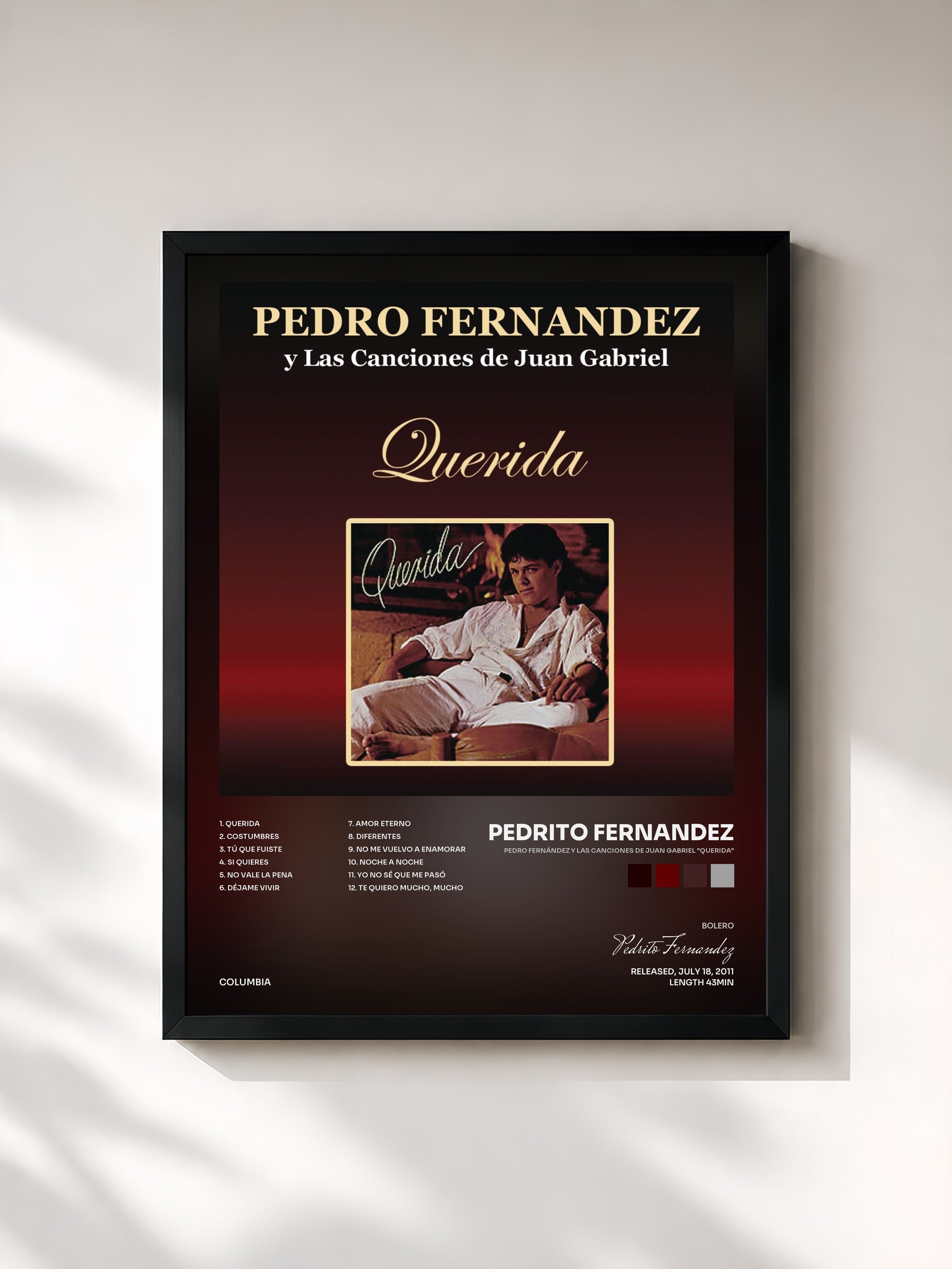 #noir Tableau de l'album Pedro Fernández Y Las Canciones de Juan Gabriel "Querida" de Pedrito Fernandez, cadre noir, imprimé et encadré en France